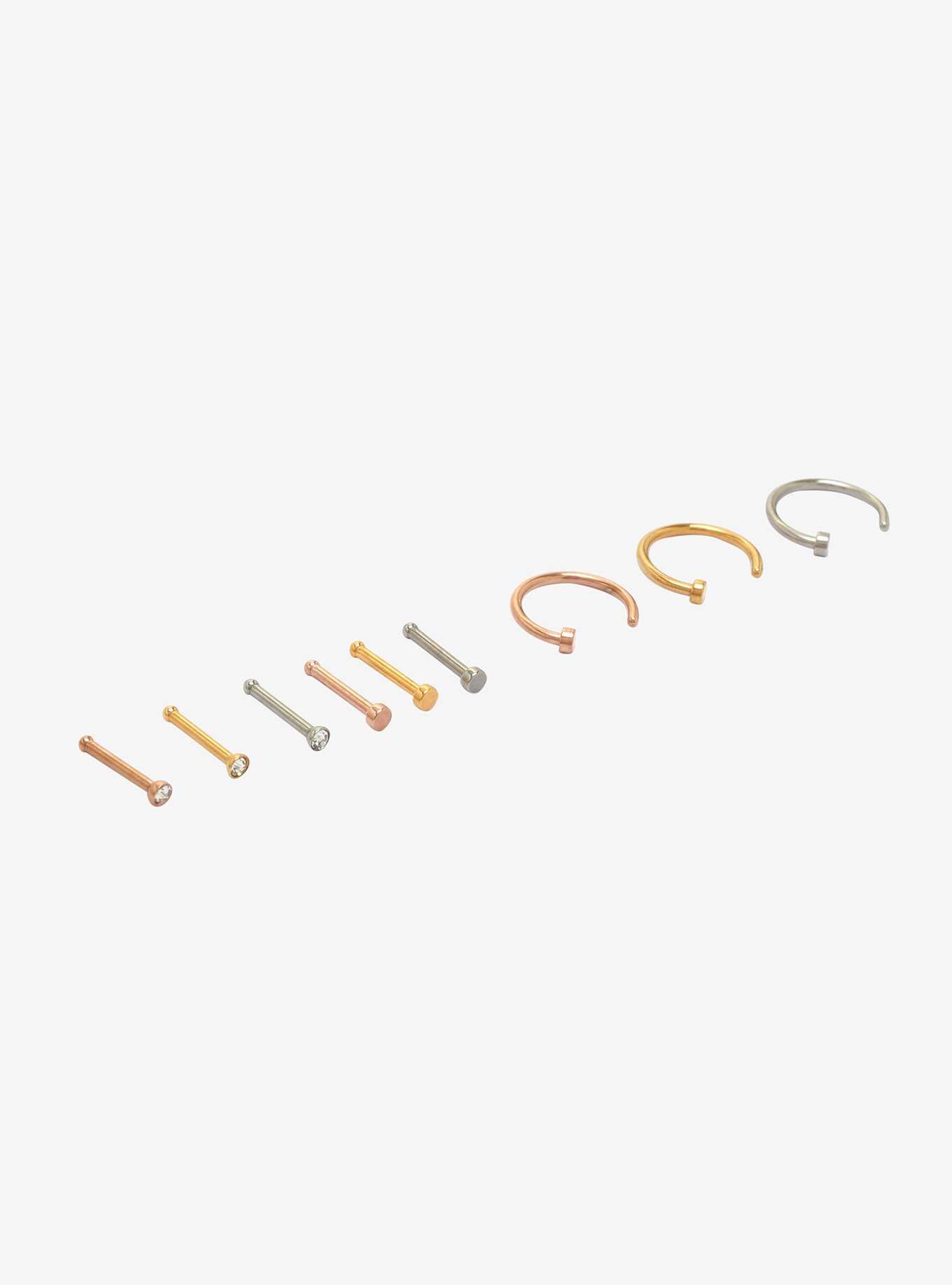 Silver Rose Gold & Gold Nose Stud & Hoop 9 Pack, , hi-res