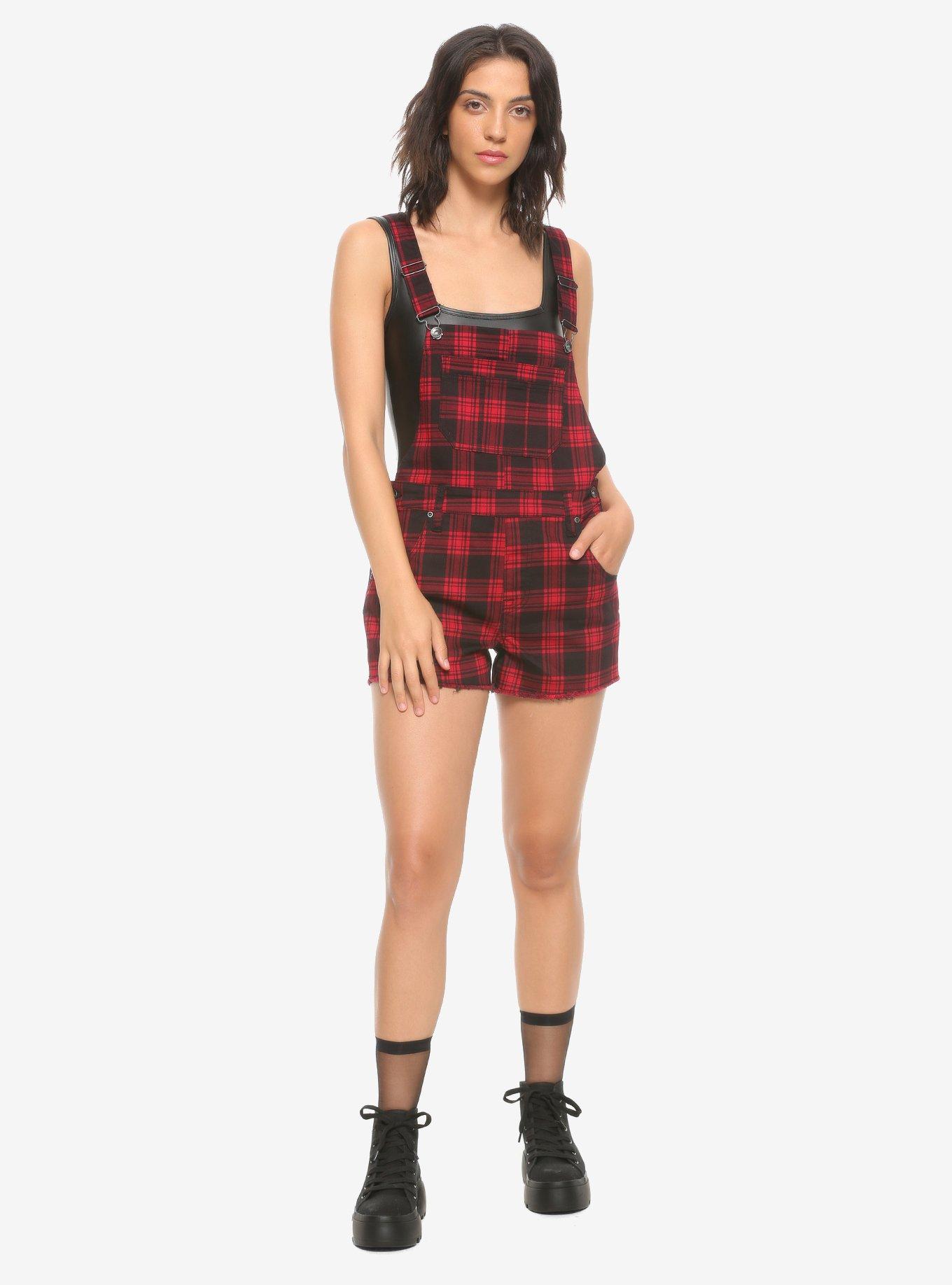 HT Denim Black & Red Plaid Shortalls, PLAID - RED, alternate