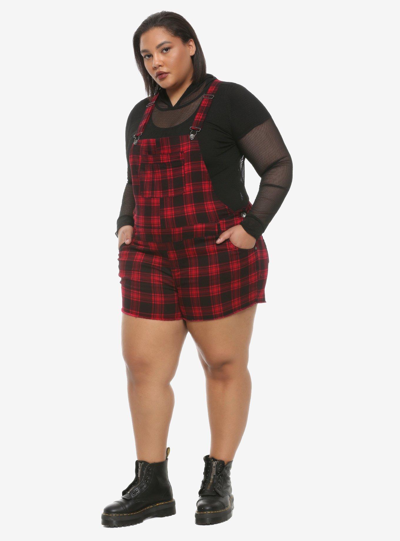 HT Denim Black & Red Plaid Shortalls Plus Size, PLAID - RED, alternate