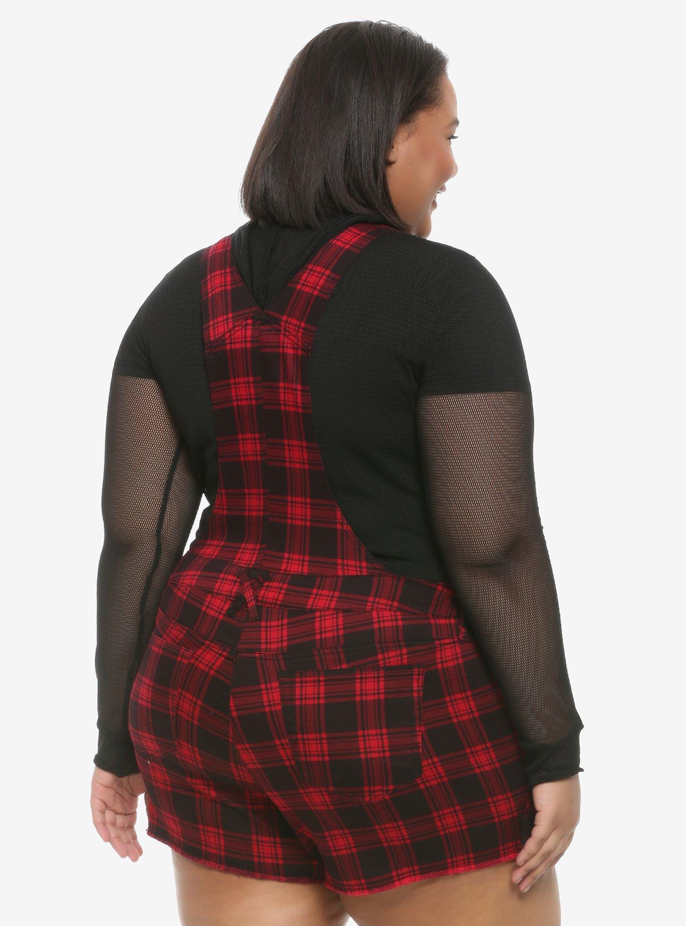 HT Denim Black & Red Plaid Shortalls Plus Size, PLAID - RED, alternate