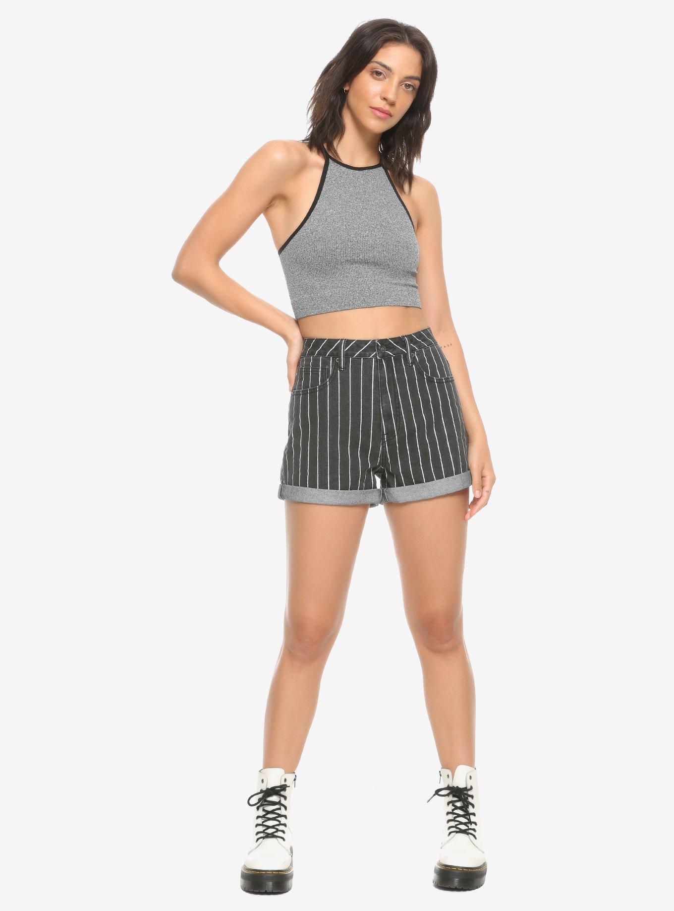 HT Denim Washed Black & White Stripe Mom Shorts, PINSTRIPE, alternate