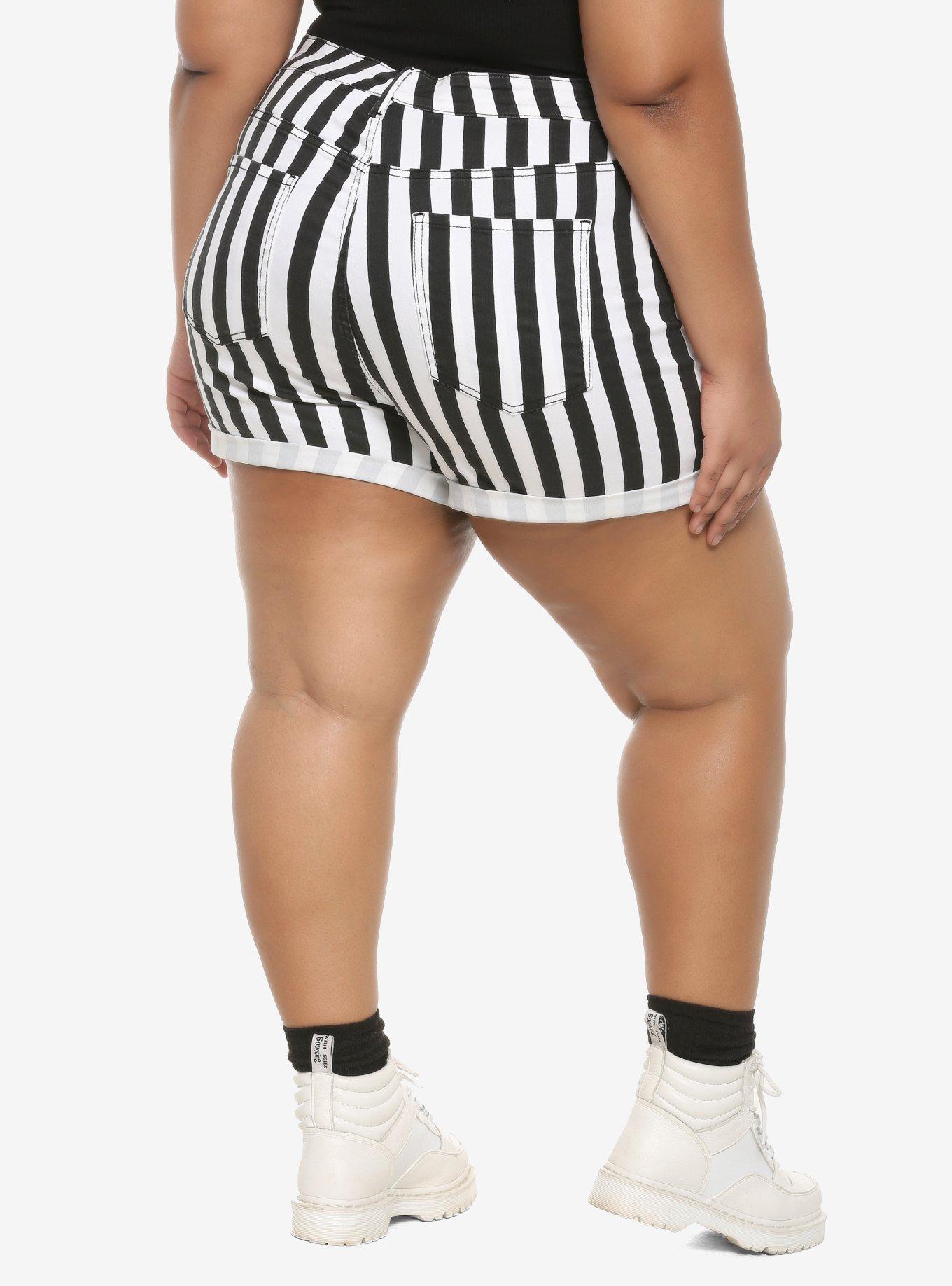 HT Denim Black & White Stripe Ultra Hi-Rise Button-Front Shorts Plus Size, STRIPE -BLACK, alternate