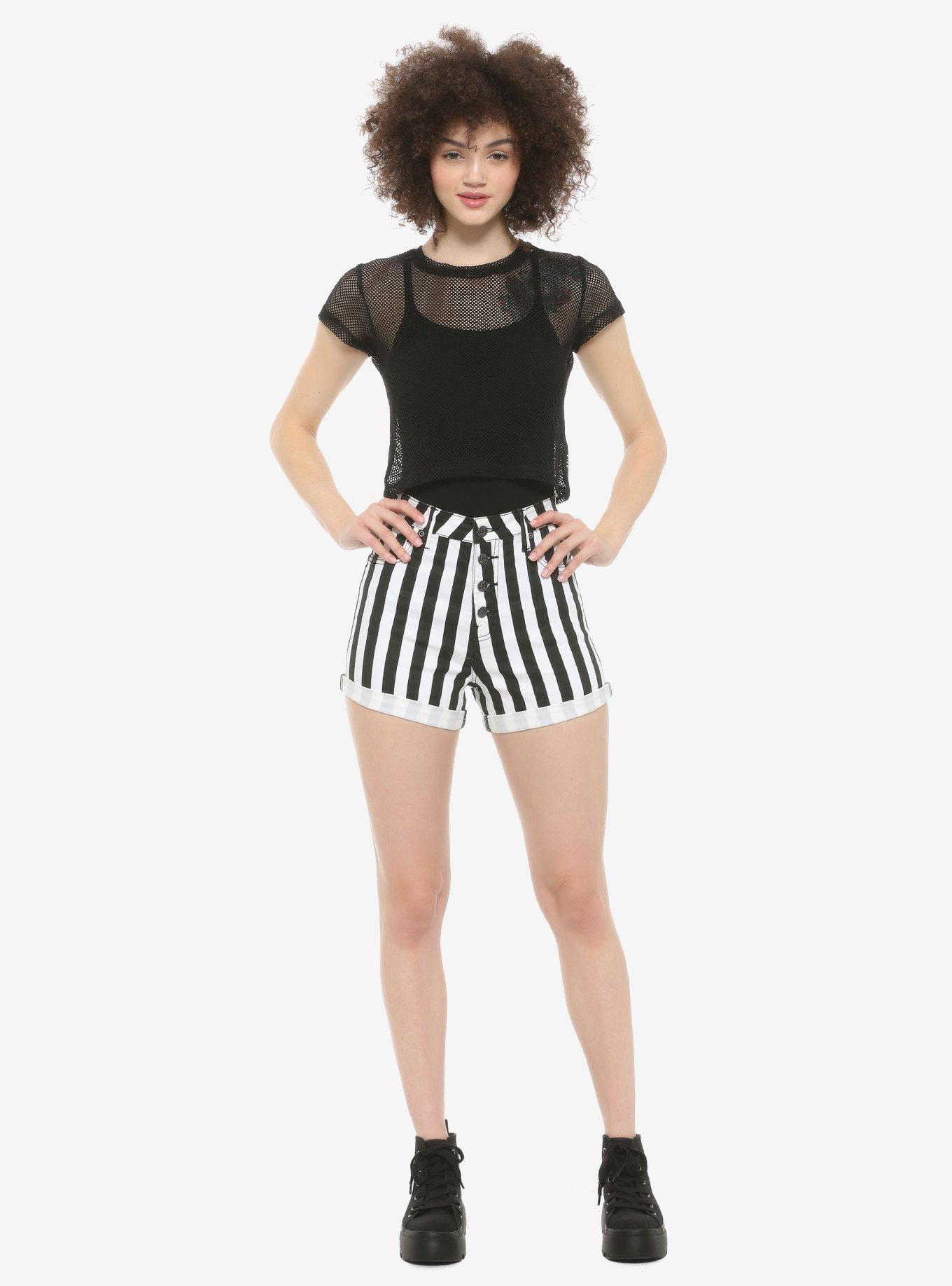 HT Denim Black & White Stripe Ultra Hi-Rise Button-Front Shorts, STRIPE -BLACK, alternate