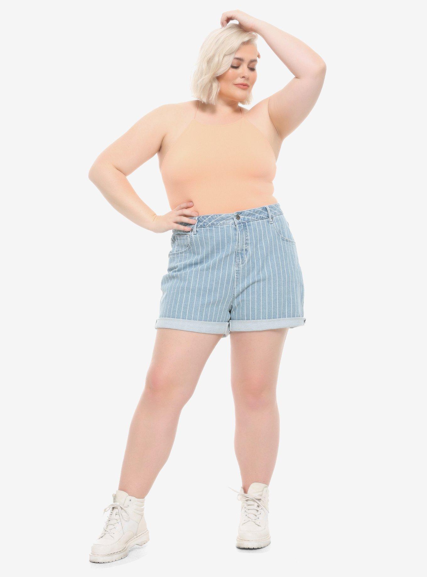 HT Denim Washed Indigo & White Stripe Mom Shorts Plus Size, PINSTRIPE, alternate