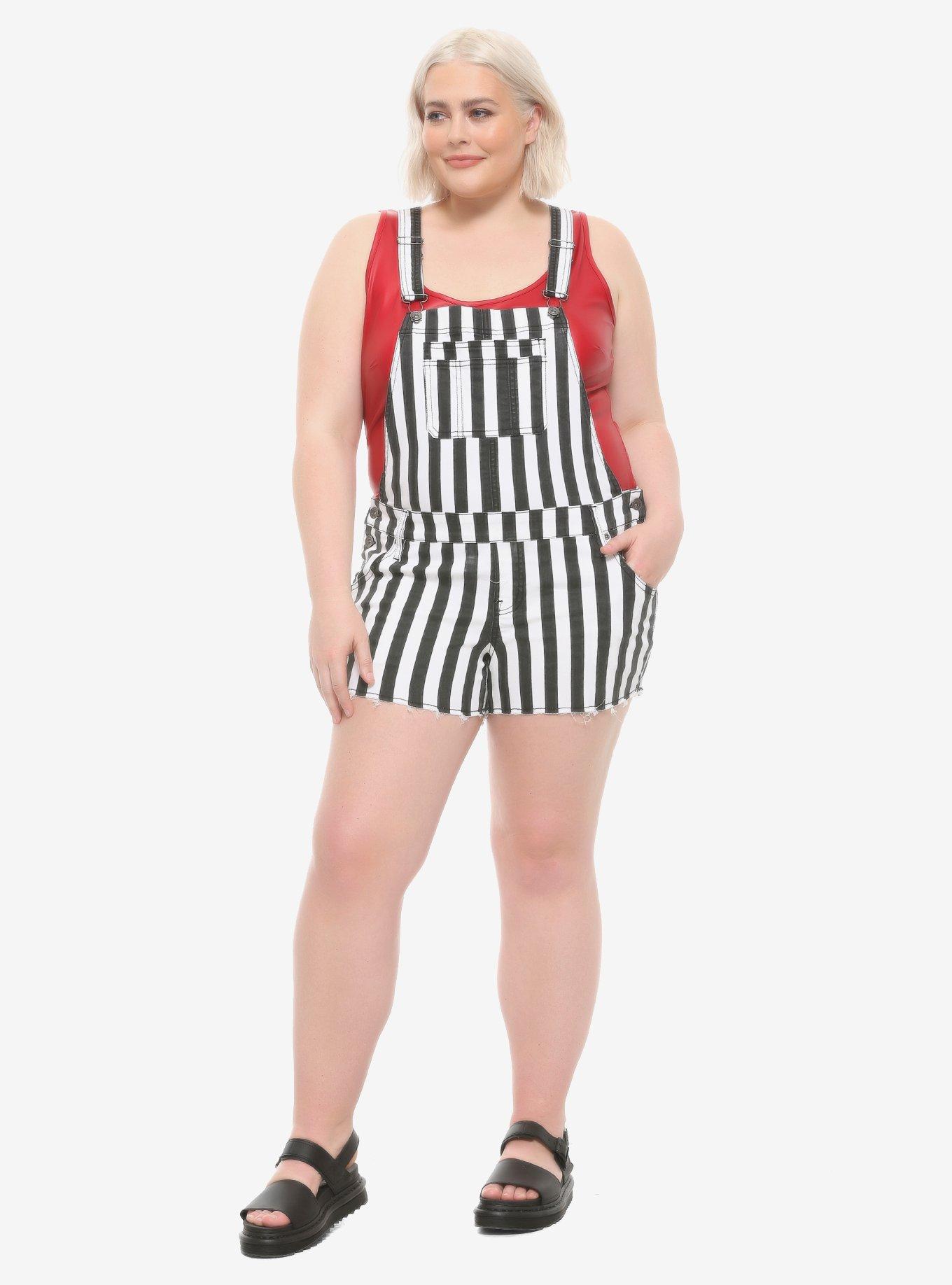 HT Denim Black & White Stripe Shortalls Plus Size, STRIPE -BLACK, alternate