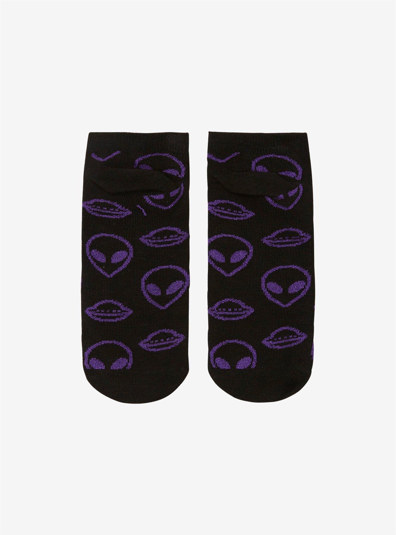 Purple Glitter Alien Heads & Spaceships No-Show Socks, , alternate