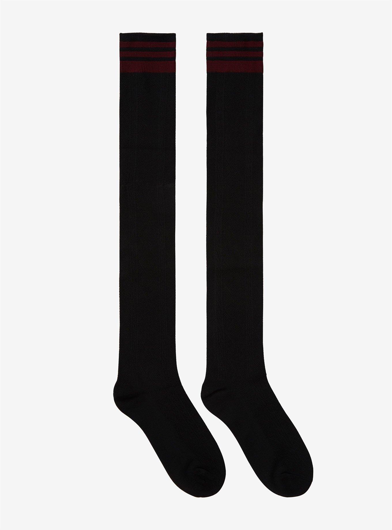 Black & Maroon Cable Pattern Over-The-Knee Socks, , alternate