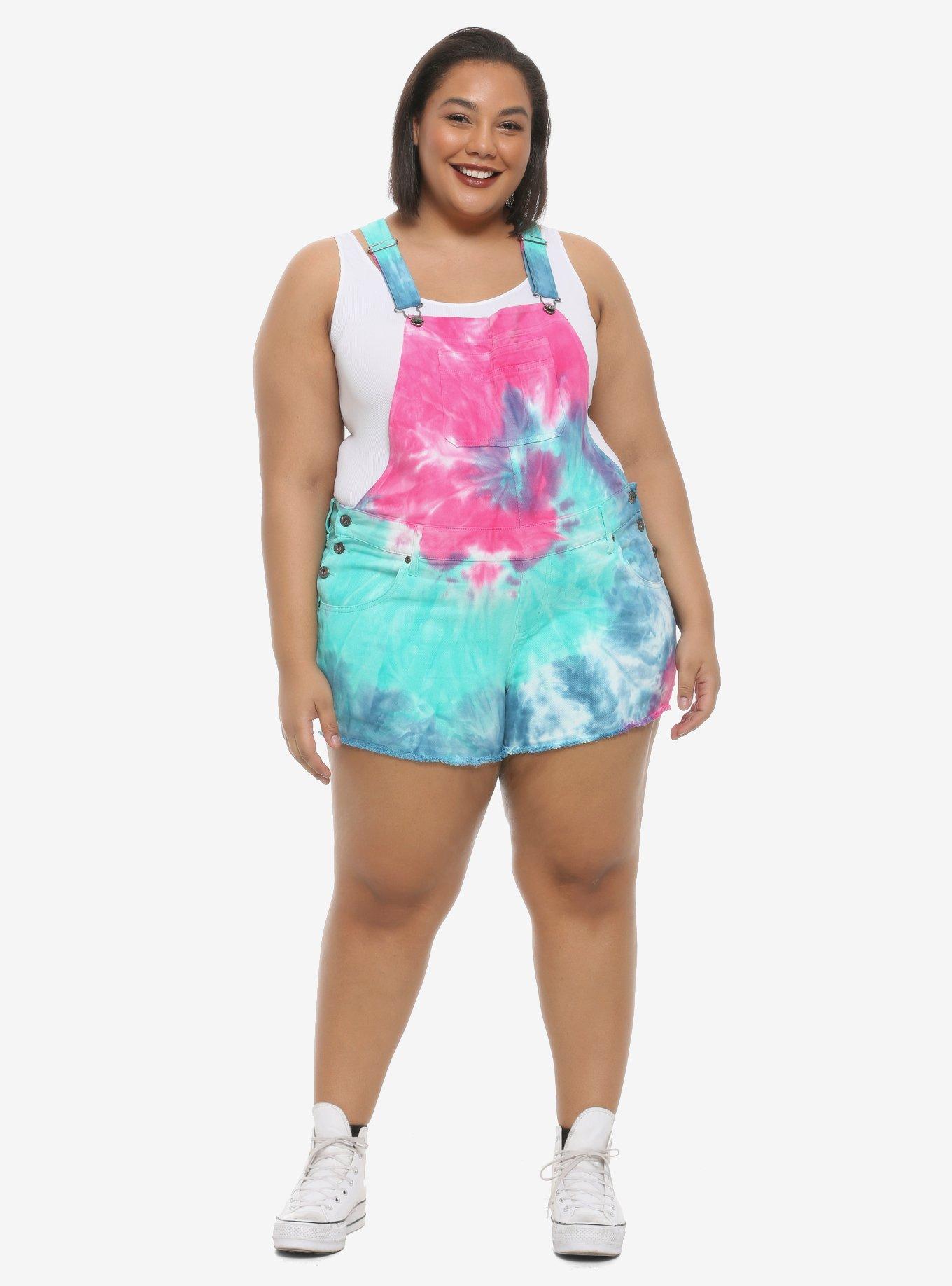 HT Denim Tie-Dye Shortalls Plus Size, RAINBOW, alternate