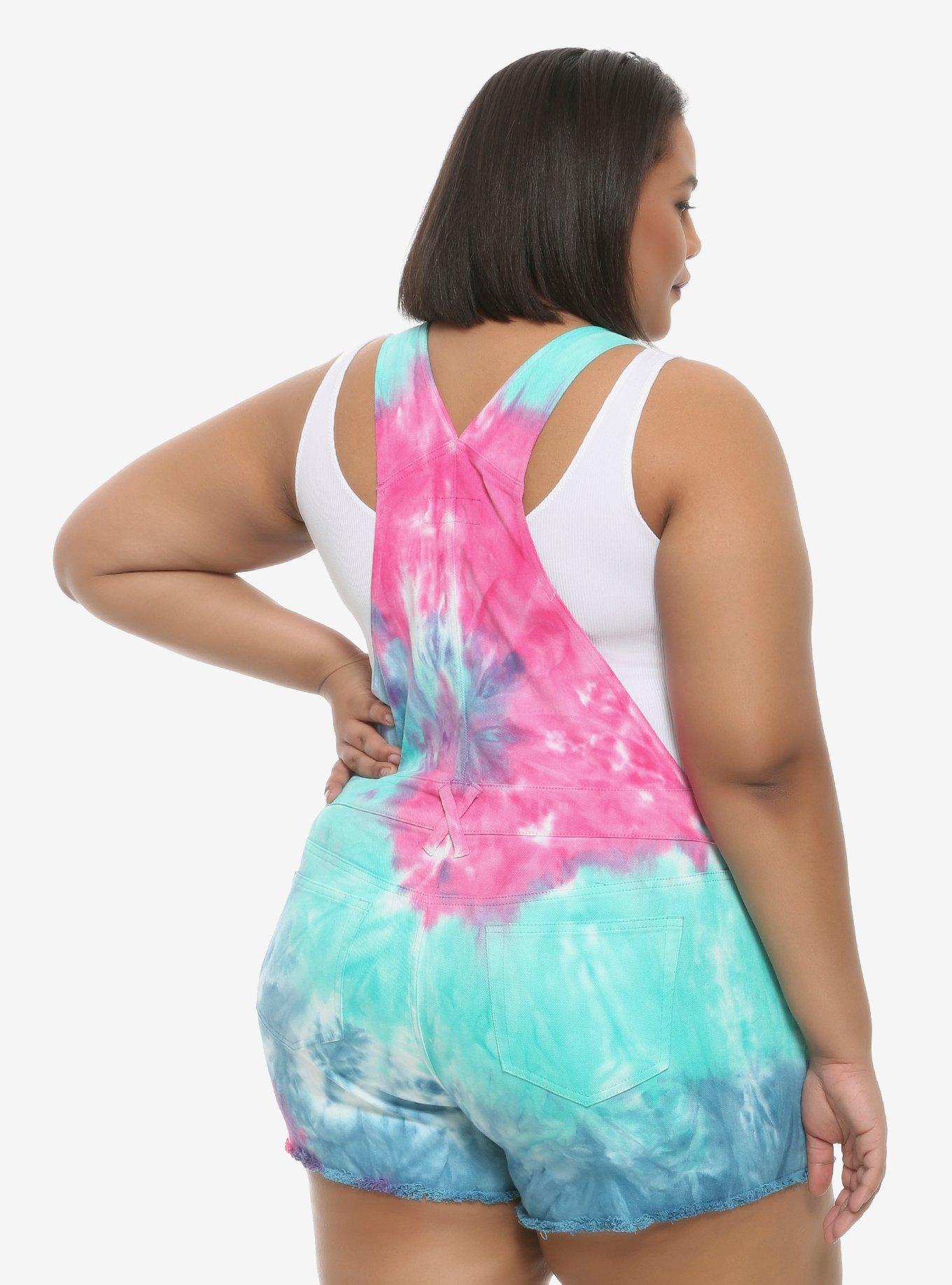 HT Denim Tie-Dye Shortalls Plus Size, RAINBOW, alternate