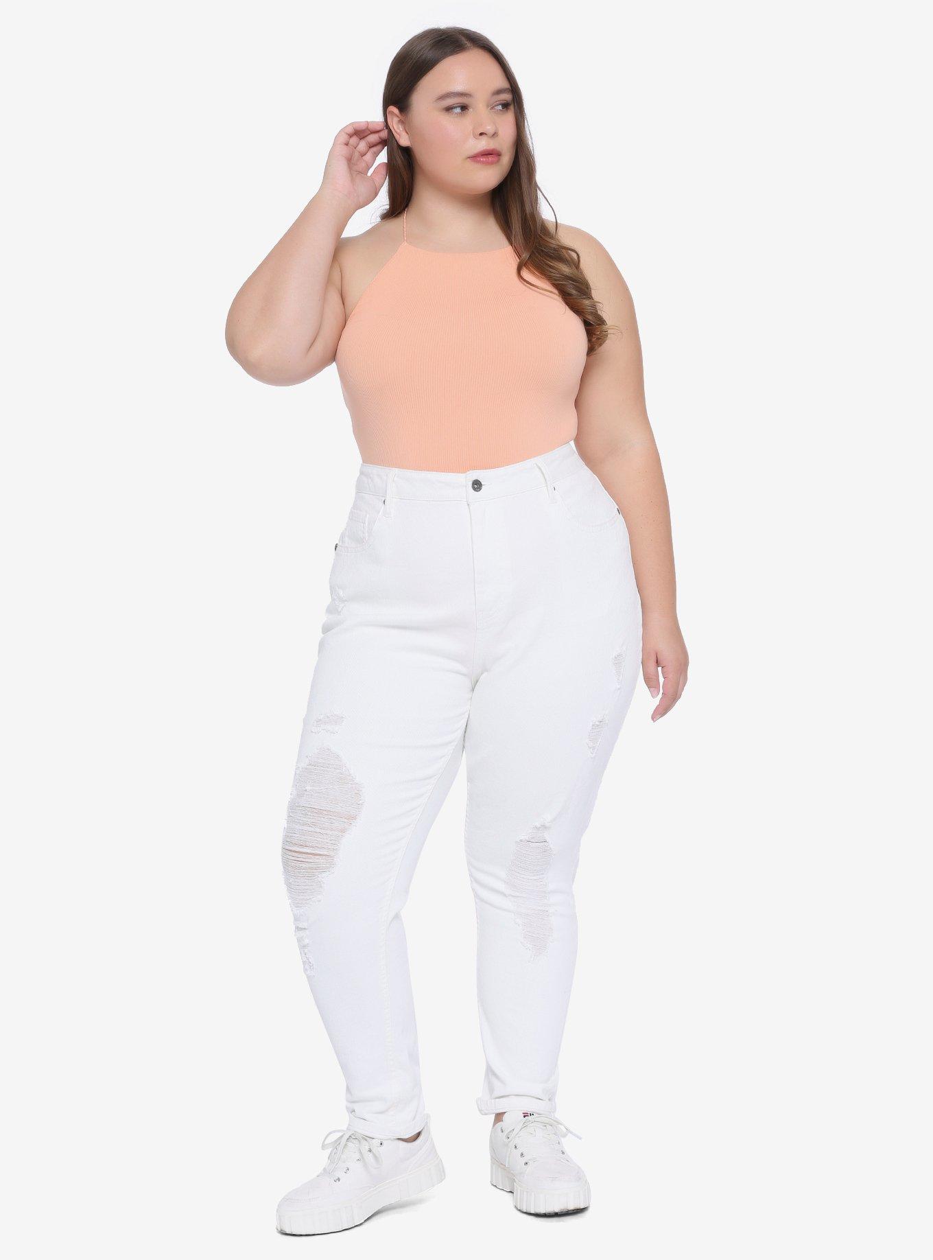 HT Denim Off-White Destructed Mom Jeans Plus Size, OFF WHITE, alternate