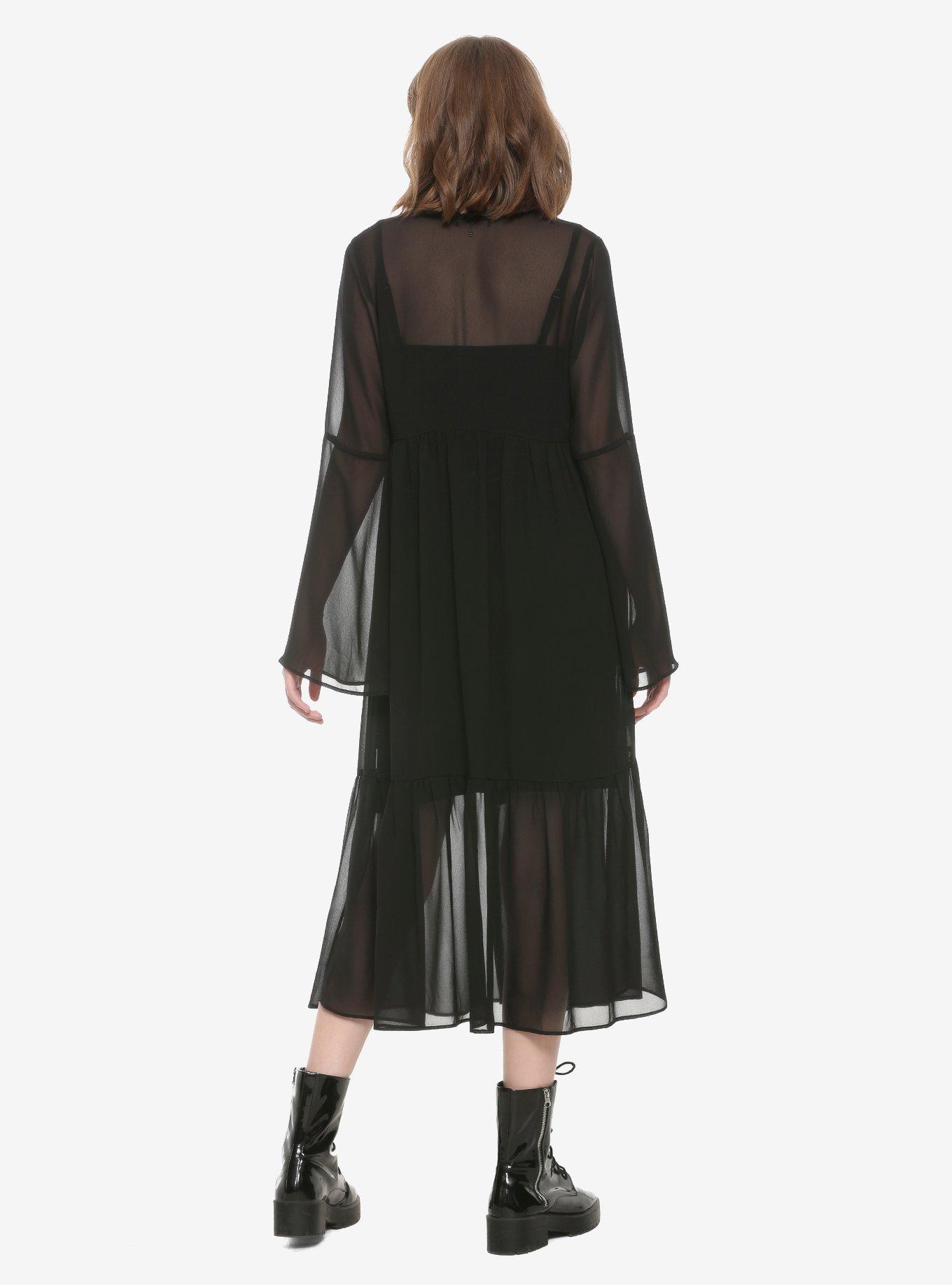 Black Chiffon Button-Up Bell Sleeve Duster, BLACK, alternate