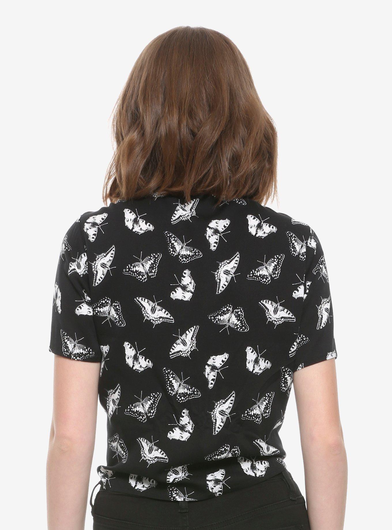 Black & White Butterfly Tie-Front Girls Woven Button-Up, WHITE, alternate