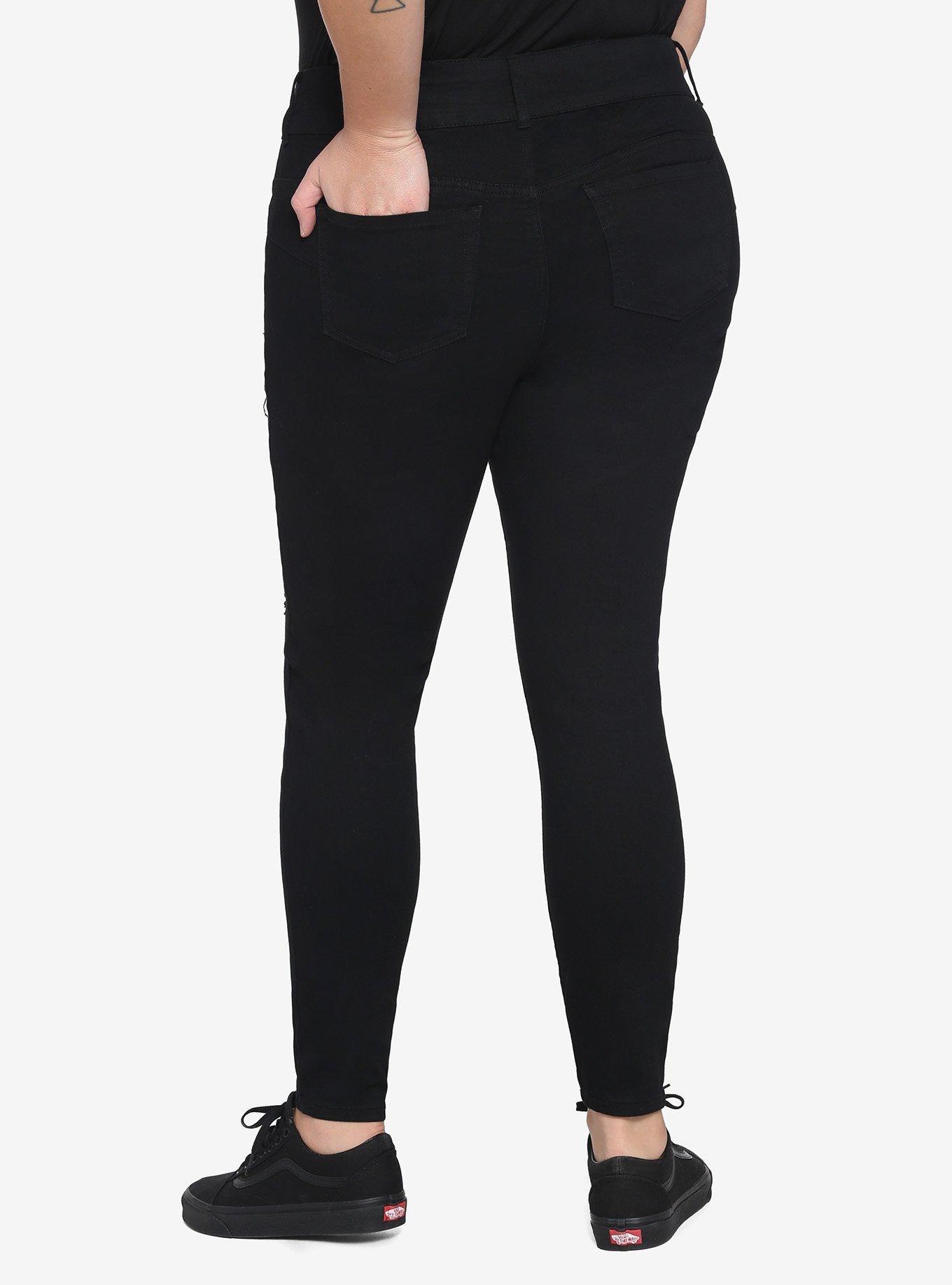 HT Denim Black Destructed Hi-Rise Super Skinny Jeans Plus Size, BLACK, alternate