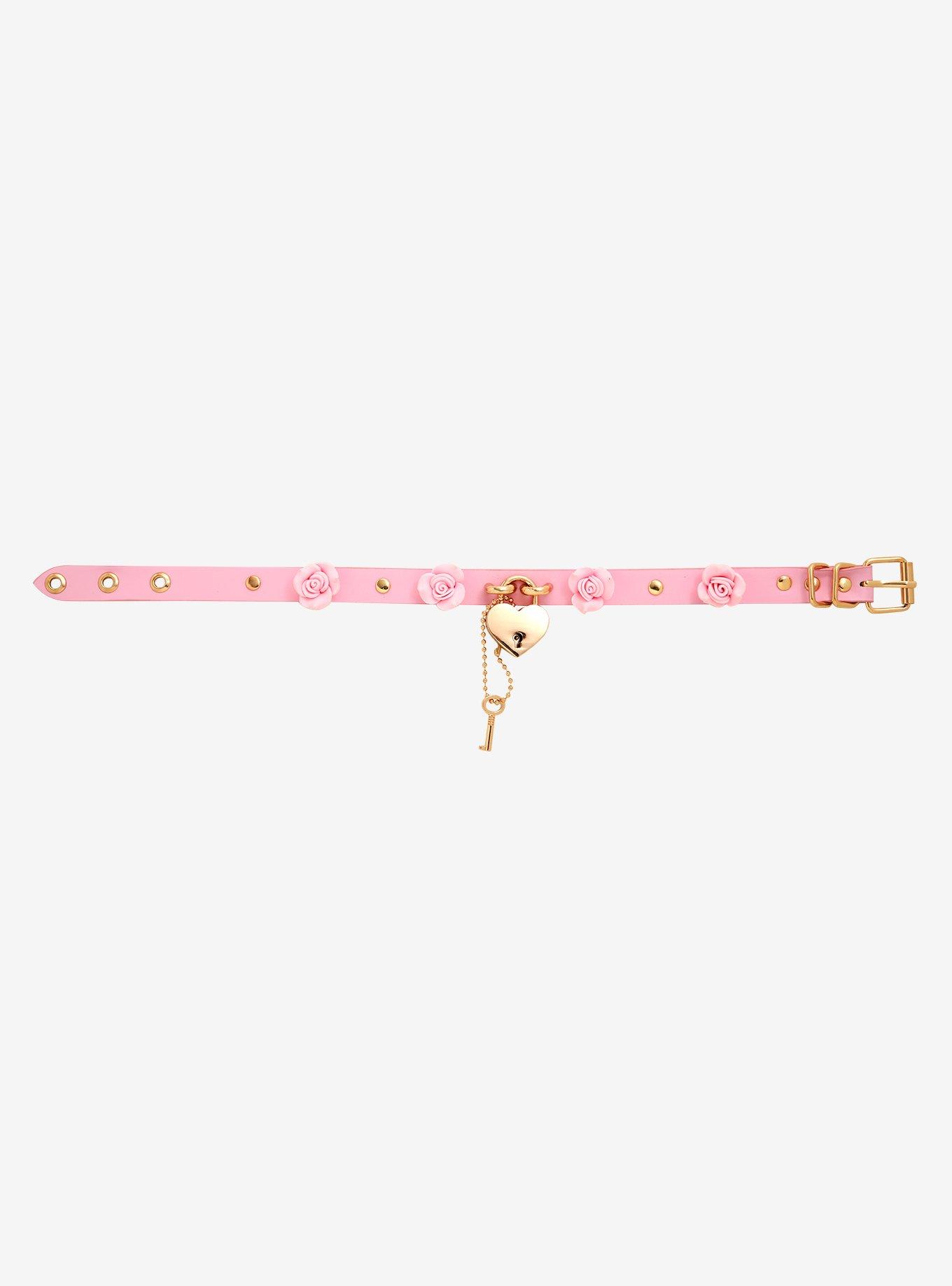 Pink Roses & Heart Padlock Choker, , alternate