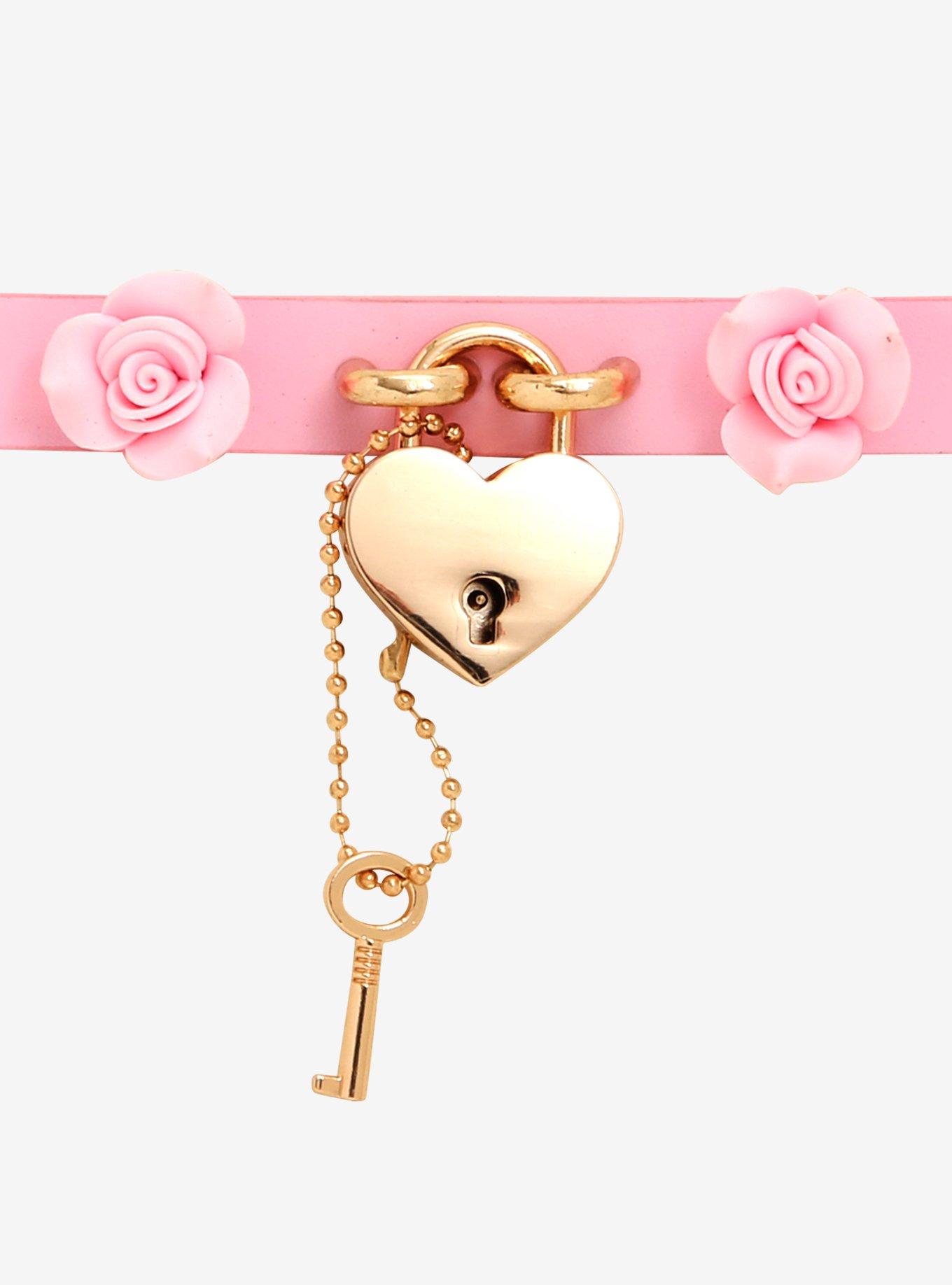 Pink Roses & Heart Padlock Choker, , alternate