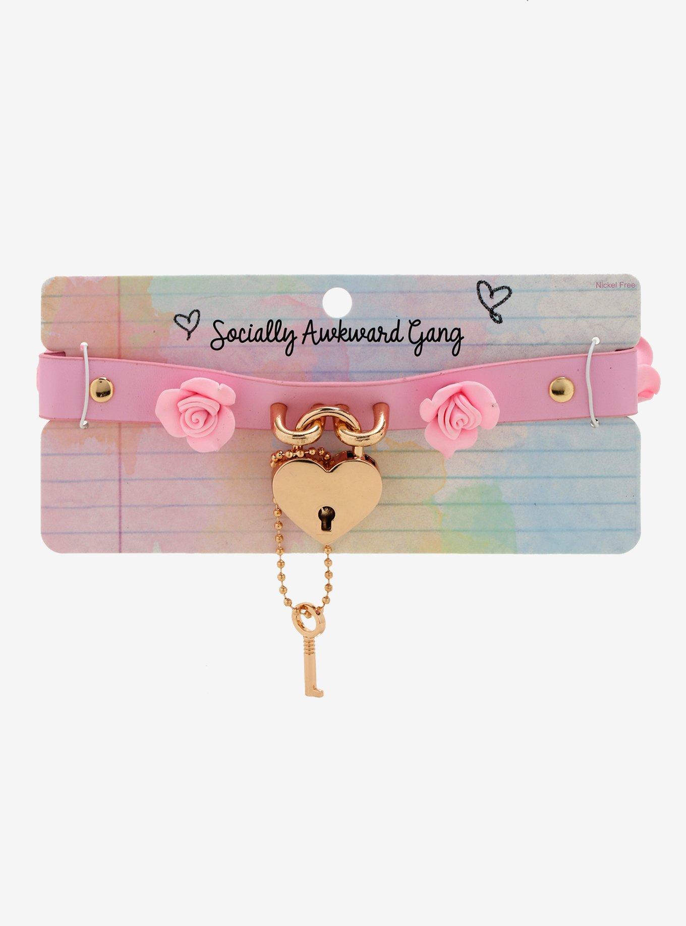 Pink Roses & Heart Padlock Choker, , alternate