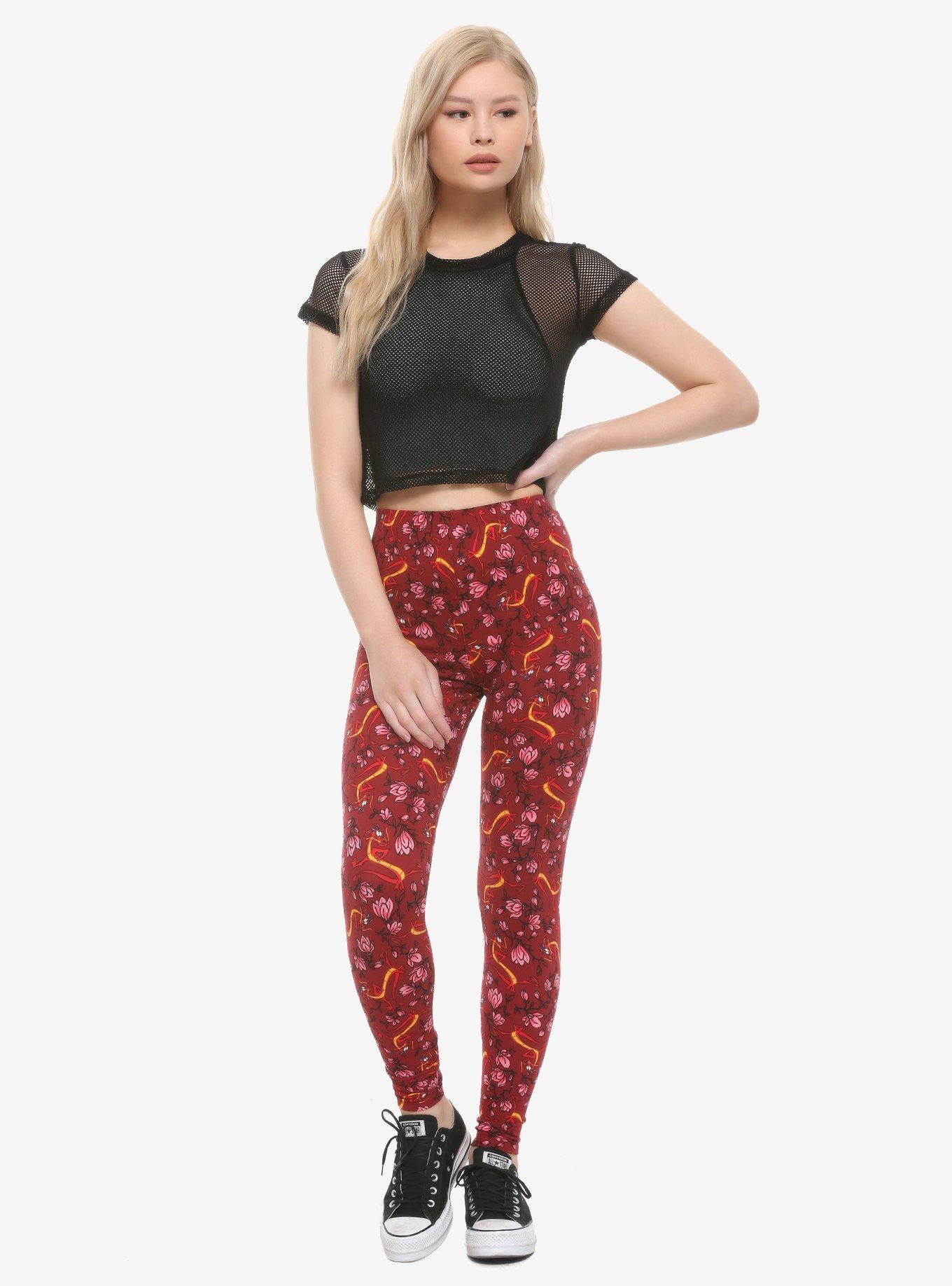 Her Universe Disney Mulan Mushu & Flowers Leggings, RED, alternate