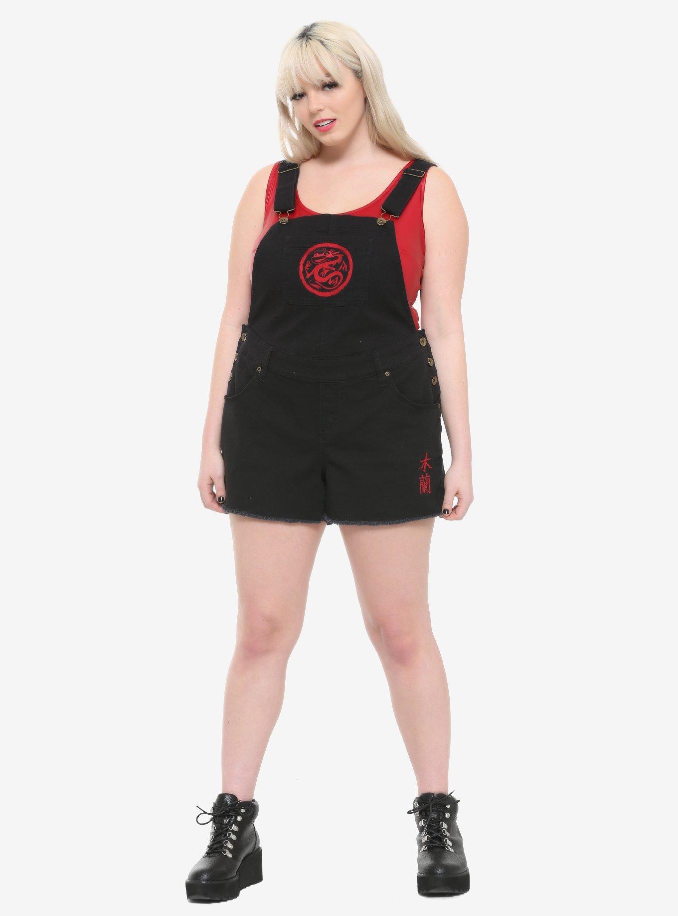 Disney Mulan Embroidered Shortalls Plus Size, BLACK, alternate