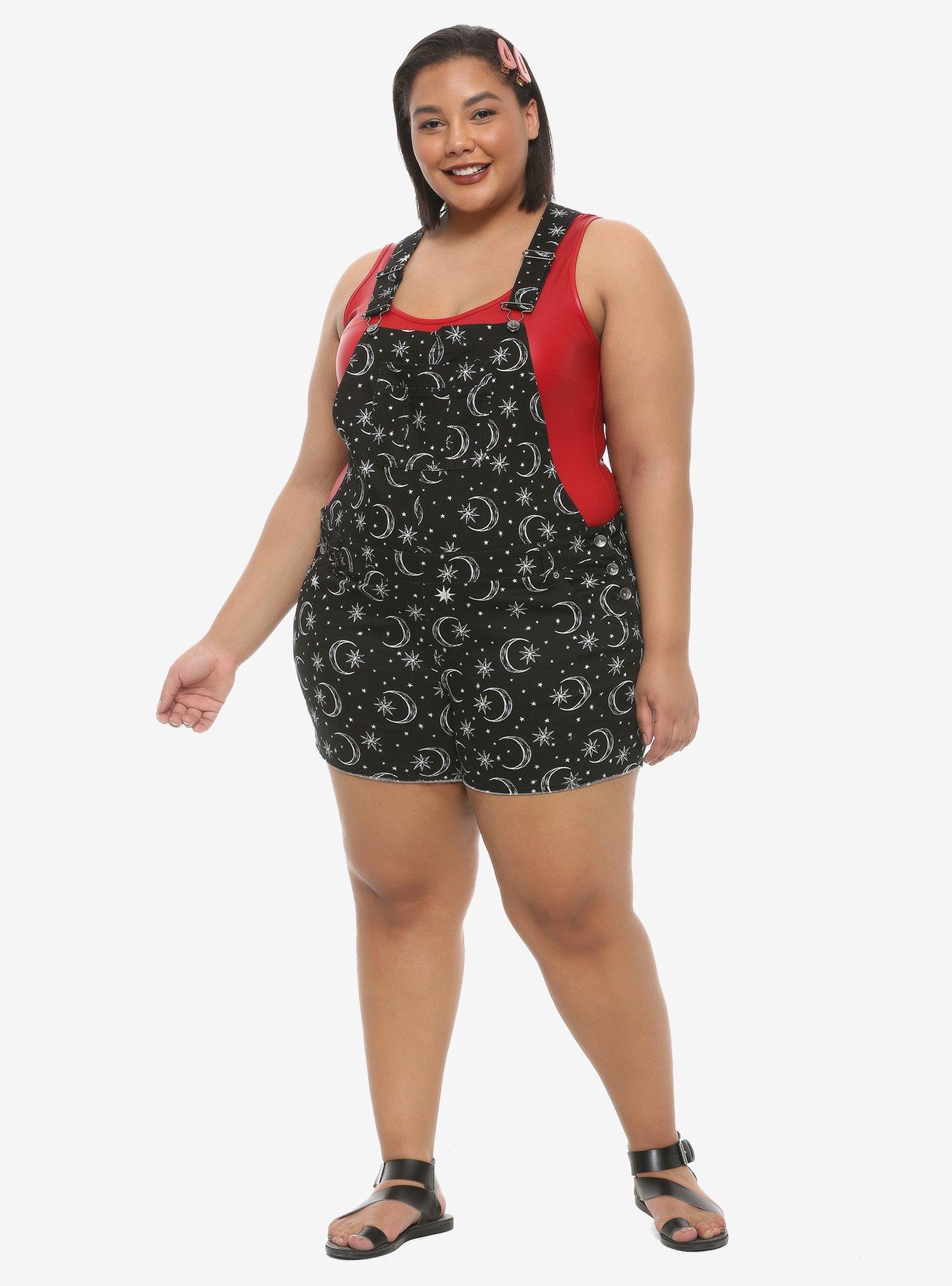 HT Denim Moon & Star Print Shortalls Plus Size, MOON AND STARS, alternate