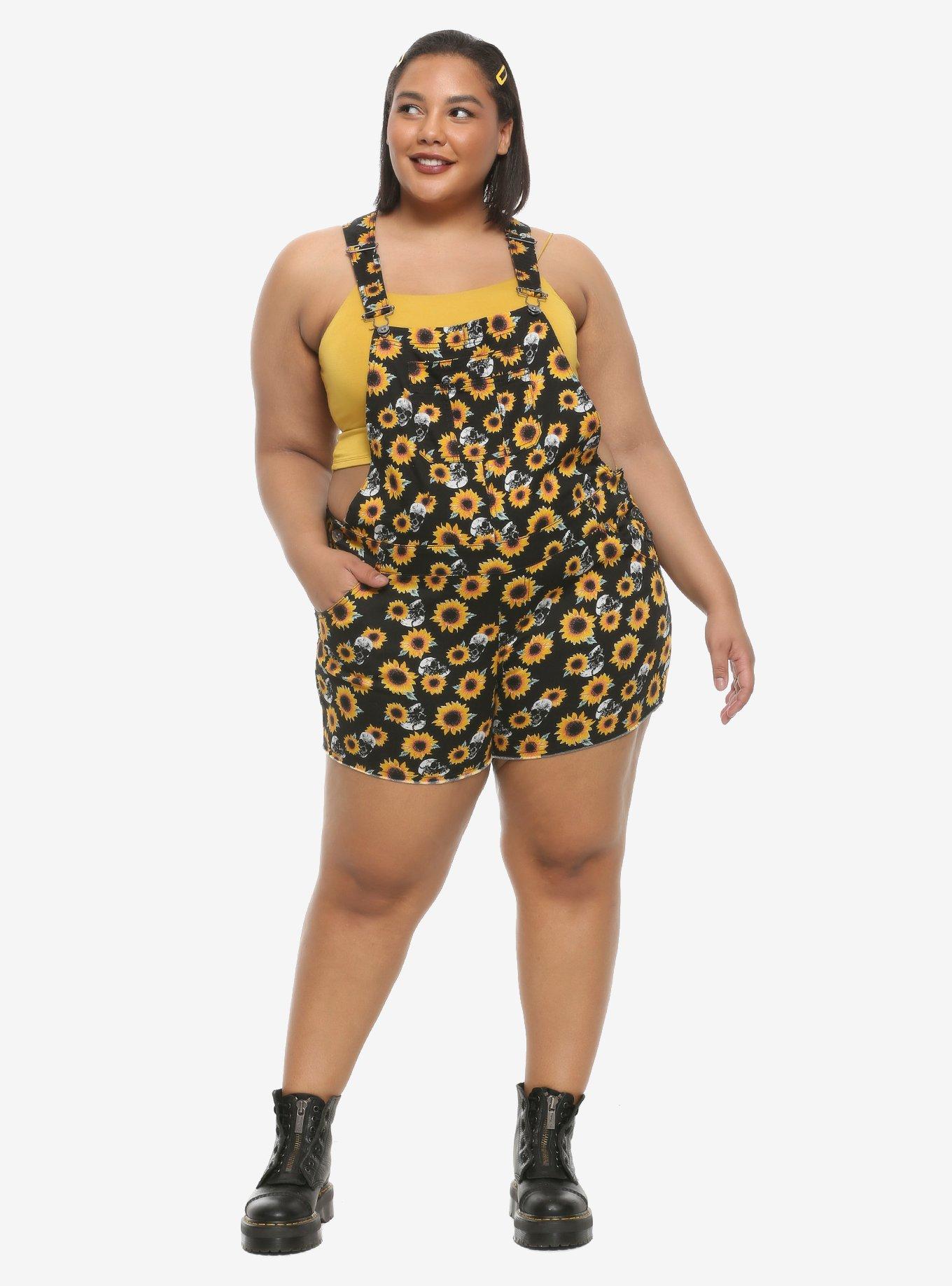 HT Denim Sunflowers & Skulls Shortalls Plus Size, FLORAL SKULL, alternate