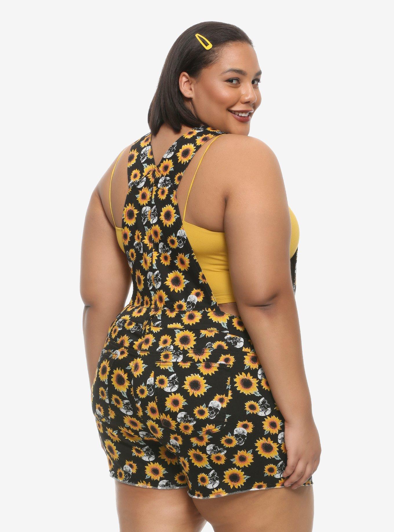 HT Denim Sunflowers & Skulls Shortalls Plus Size, FLORAL SKULL, alternate