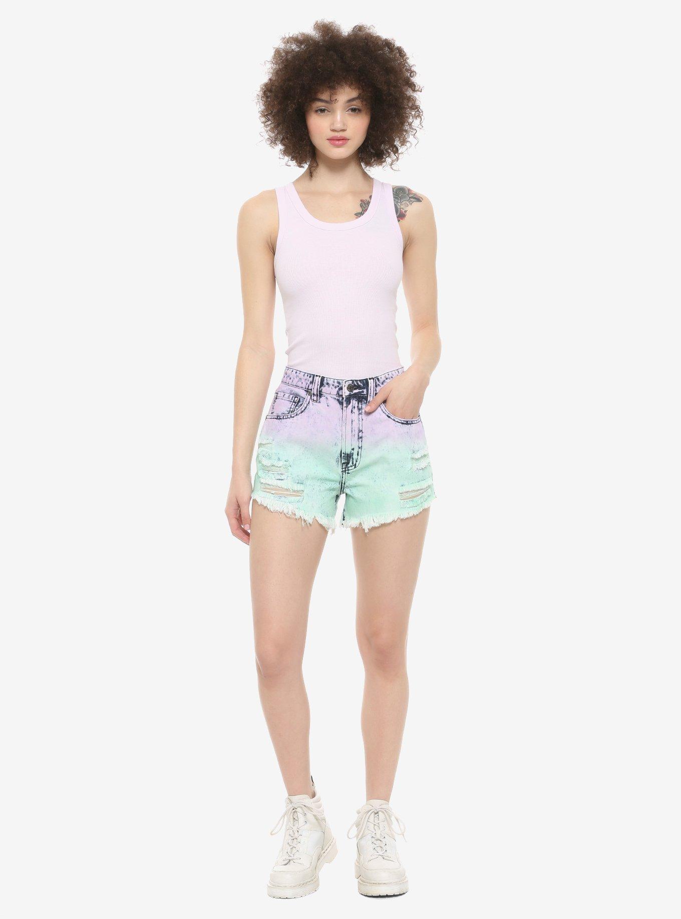 HT Denim Ultra Hi-Rise Purple & Green Ombre Vintage Cut-Off Shorts, PURPLE, alternate