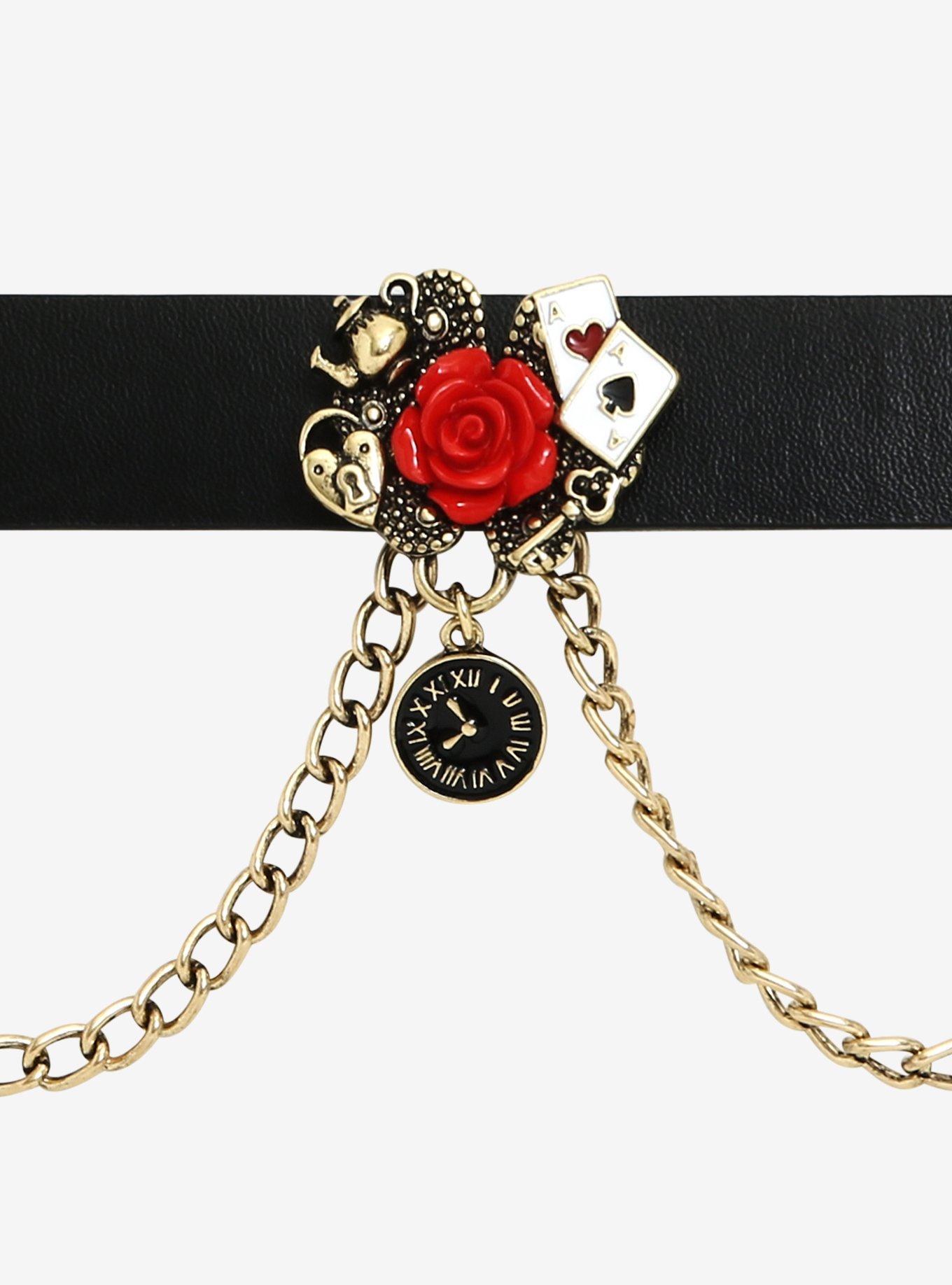 Alice In Wonderland Rose Close Chain Faux Leather Choker, , alternate