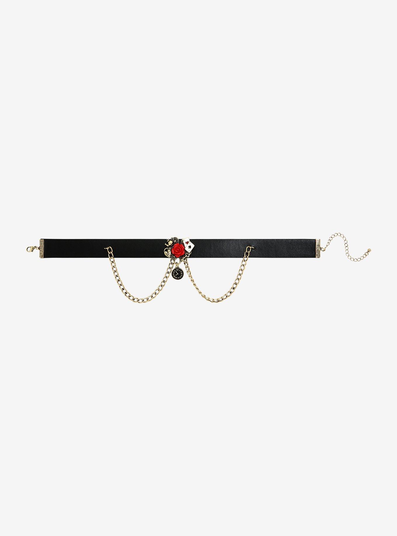 Alice In Wonderland Rose Close Chain Faux Leather Choker, , alternate