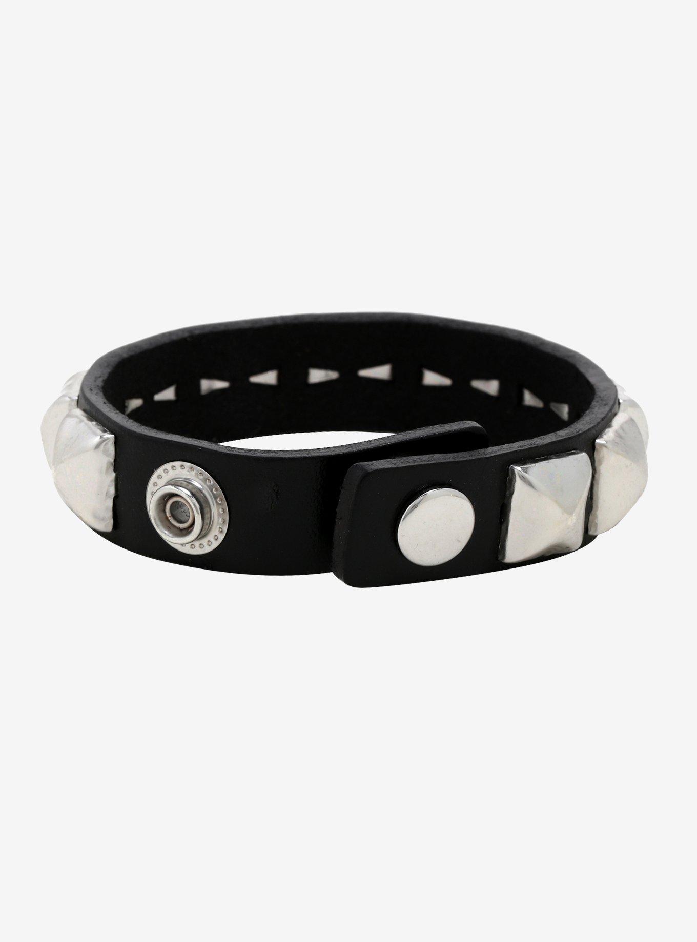 Single Row Pyramid Stud Faux Leather Cuff Bracelet, , alternate