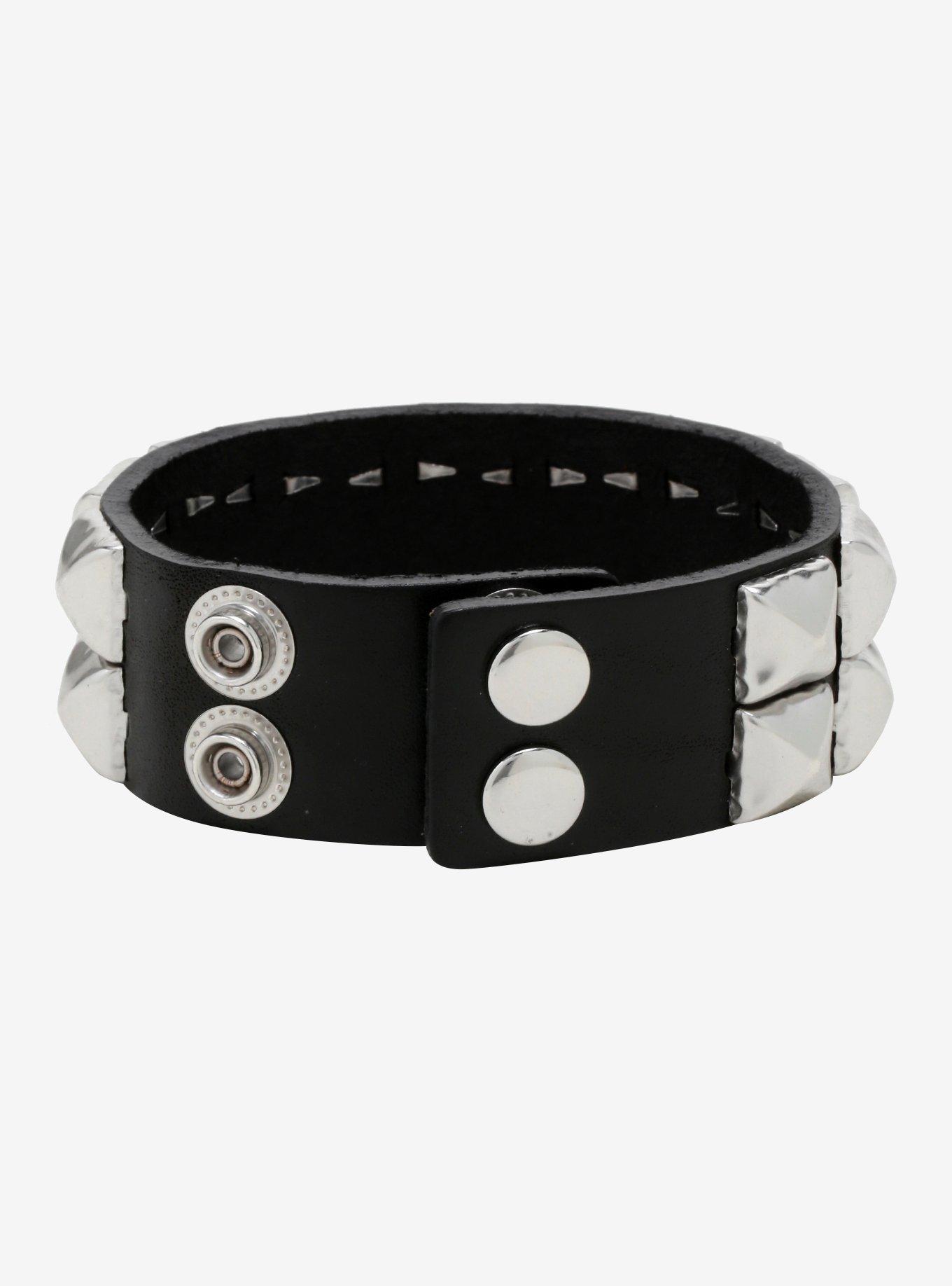 Double Row Pyramid Stud Faux Leather Cuff Bracelet, , alternate