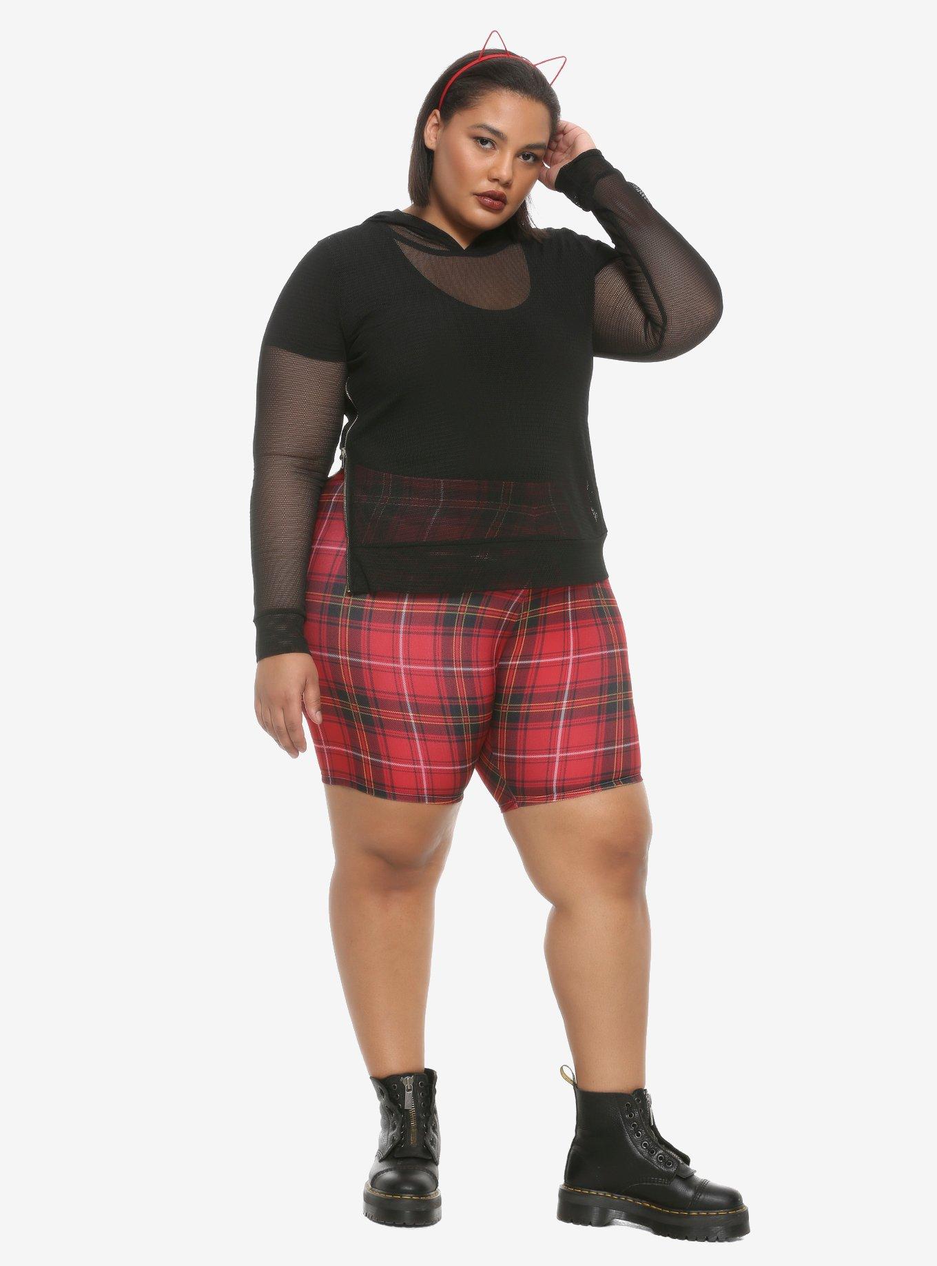 Red Plaid Girls Bike Shorts Plus Size, PLAID, alternate