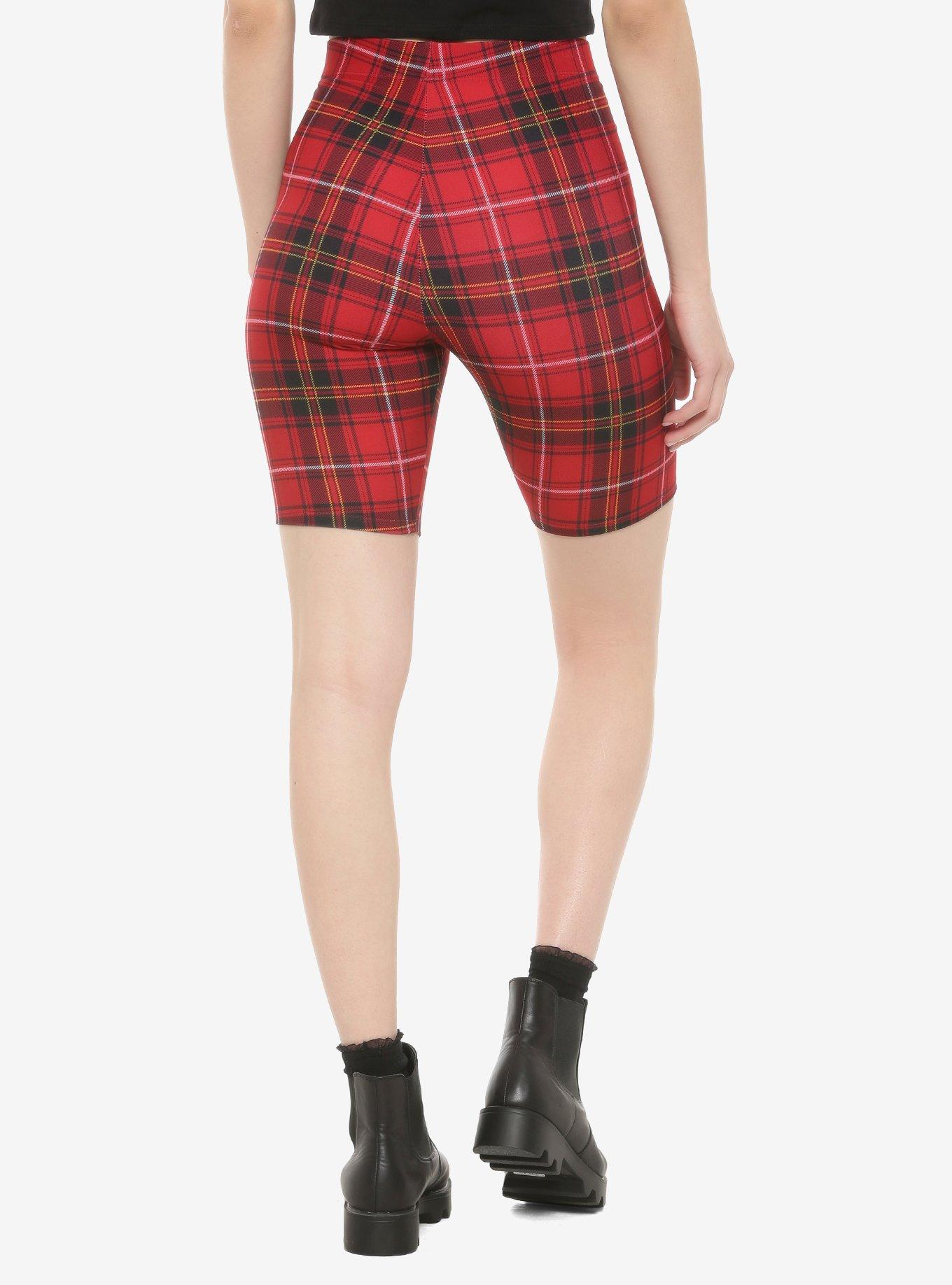 Red Plaid Girls Bike Shorts, PLAID, alternate