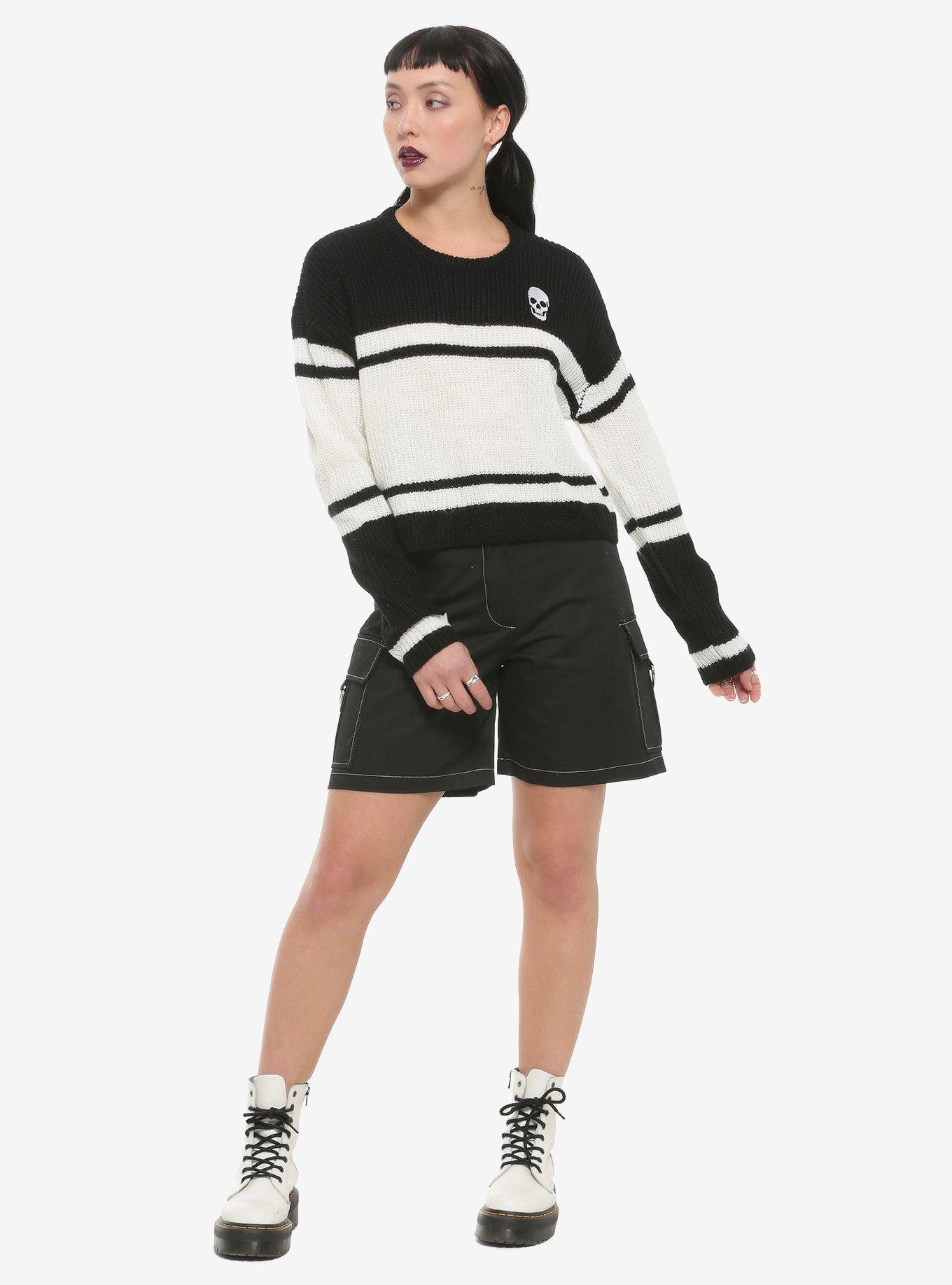 Black & White Skull Girls Crop Sweater, BLACK, alternate