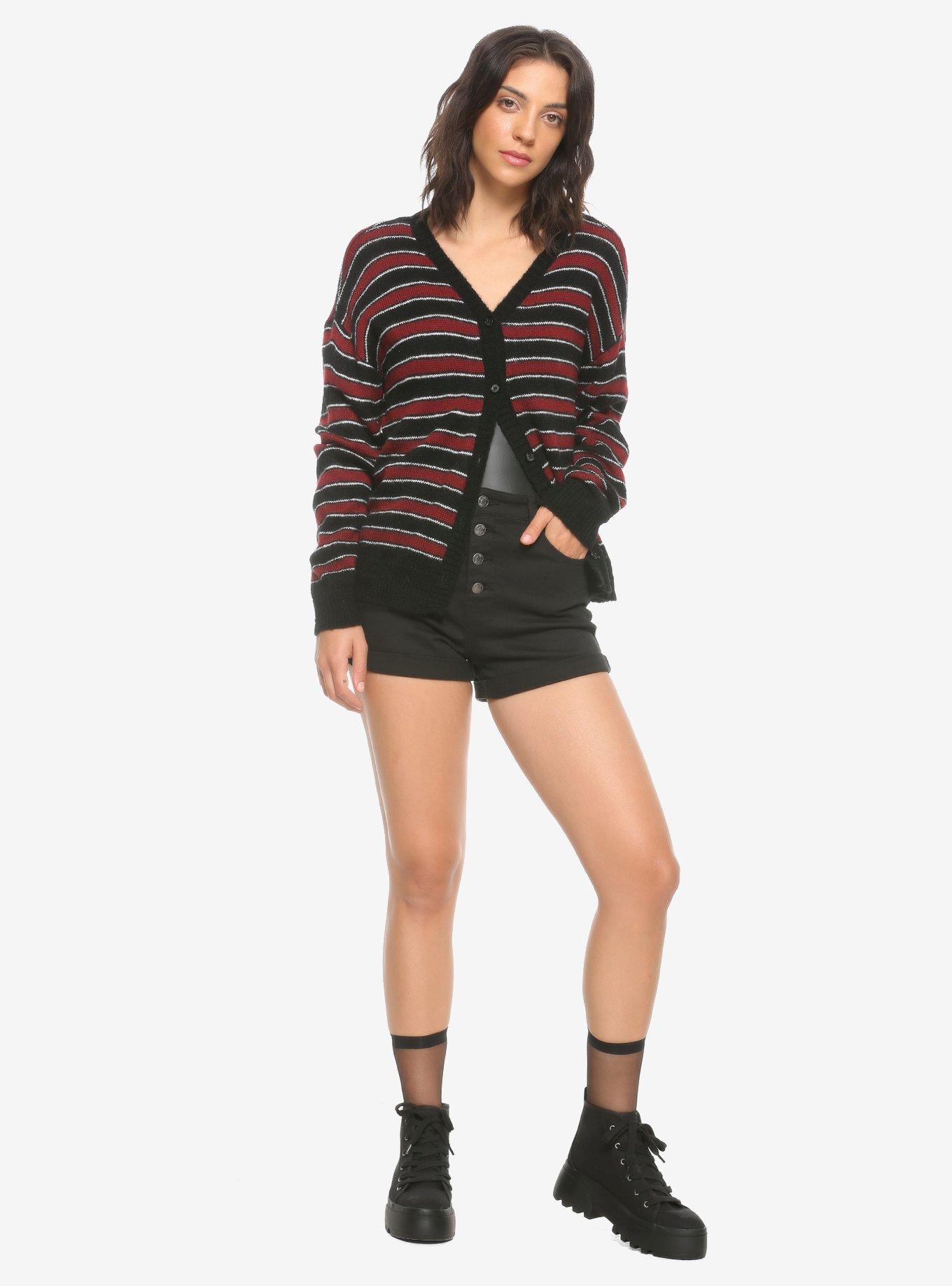 Red Black & White Striped Girls Cardigan, RED, alternate