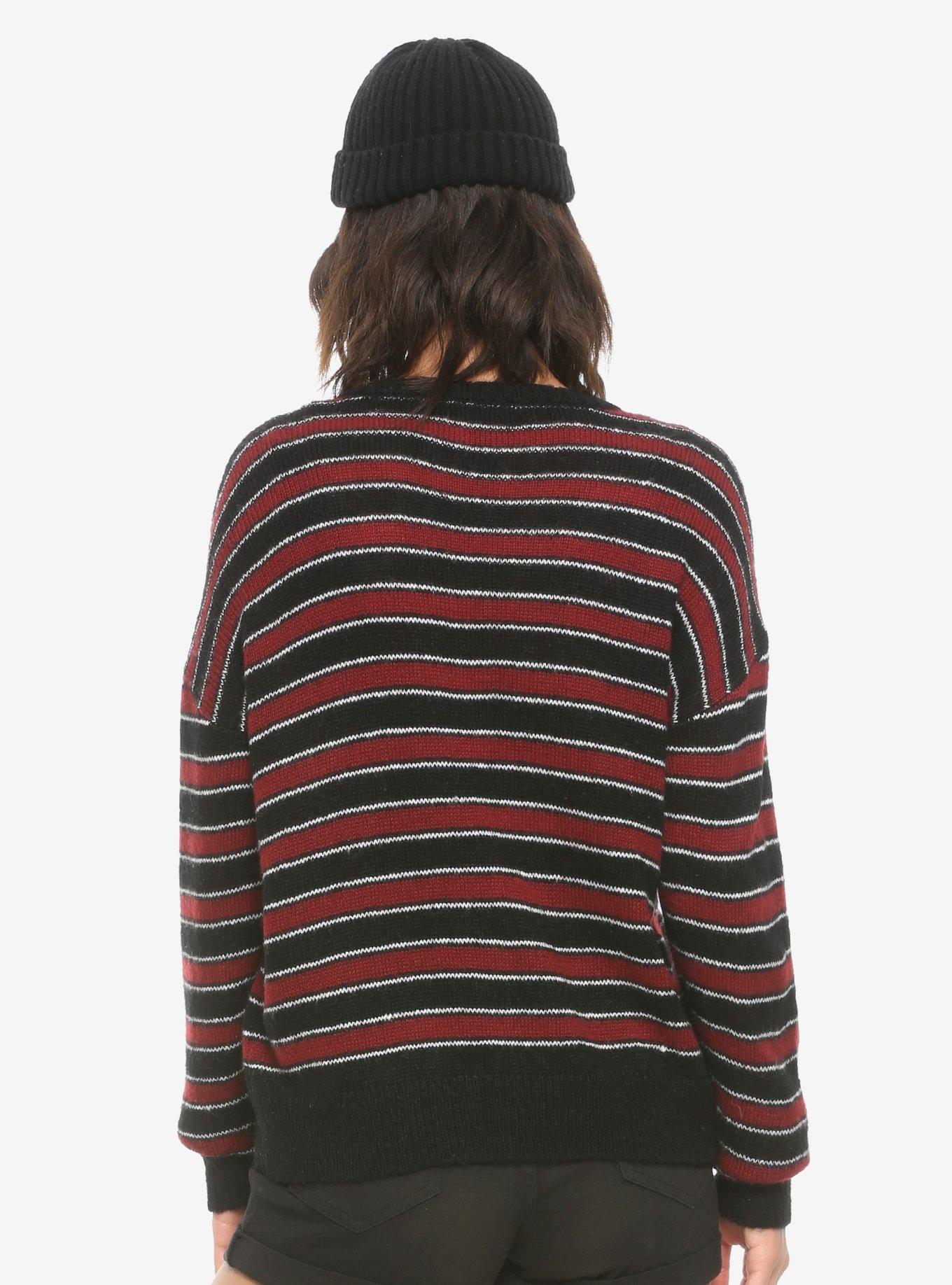 Red Black & White Striped Girls Cardigan, RED, alternate