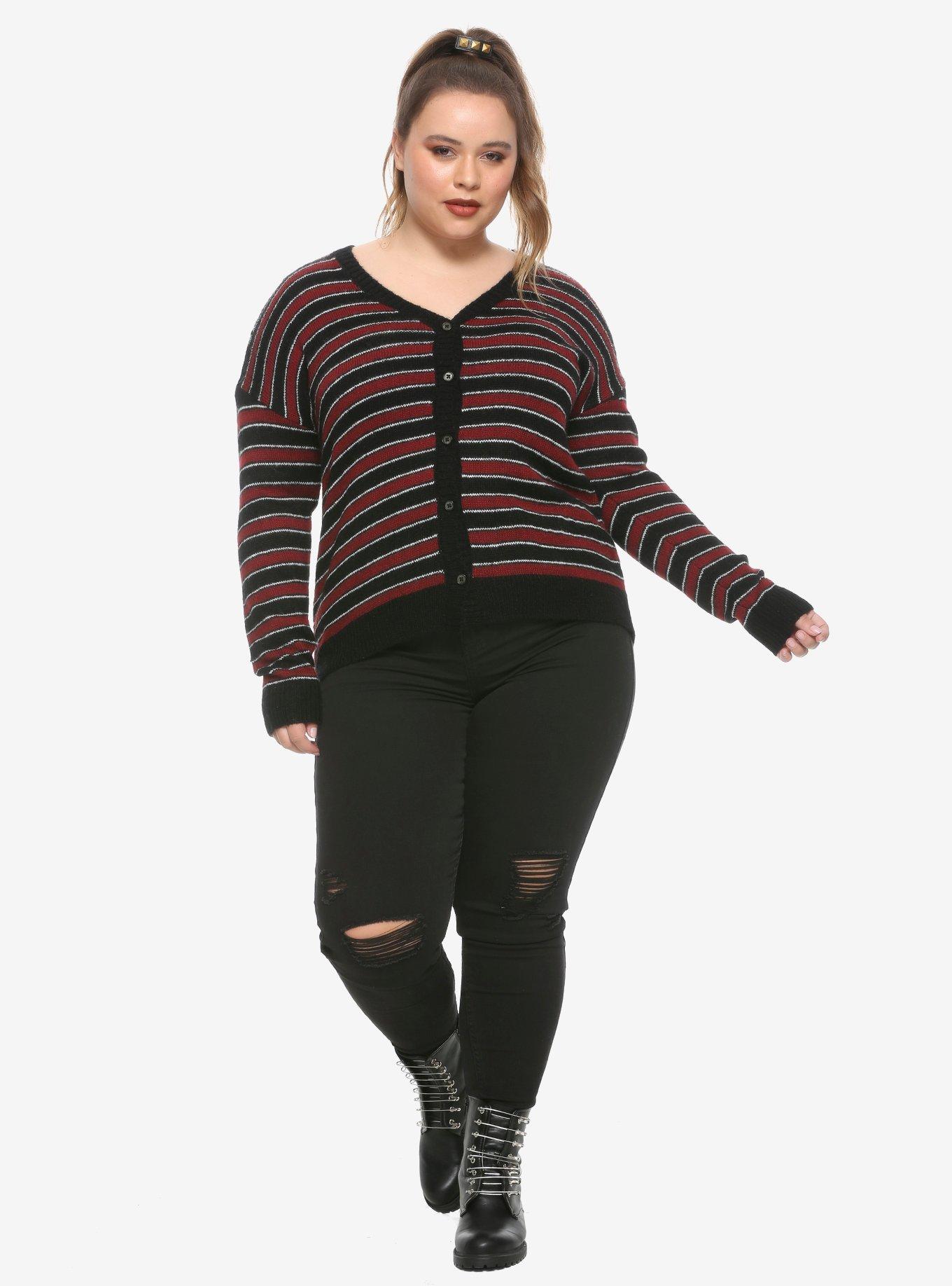 Red Black & White Striped Girls Cardigan Plus Size, RED, alternate