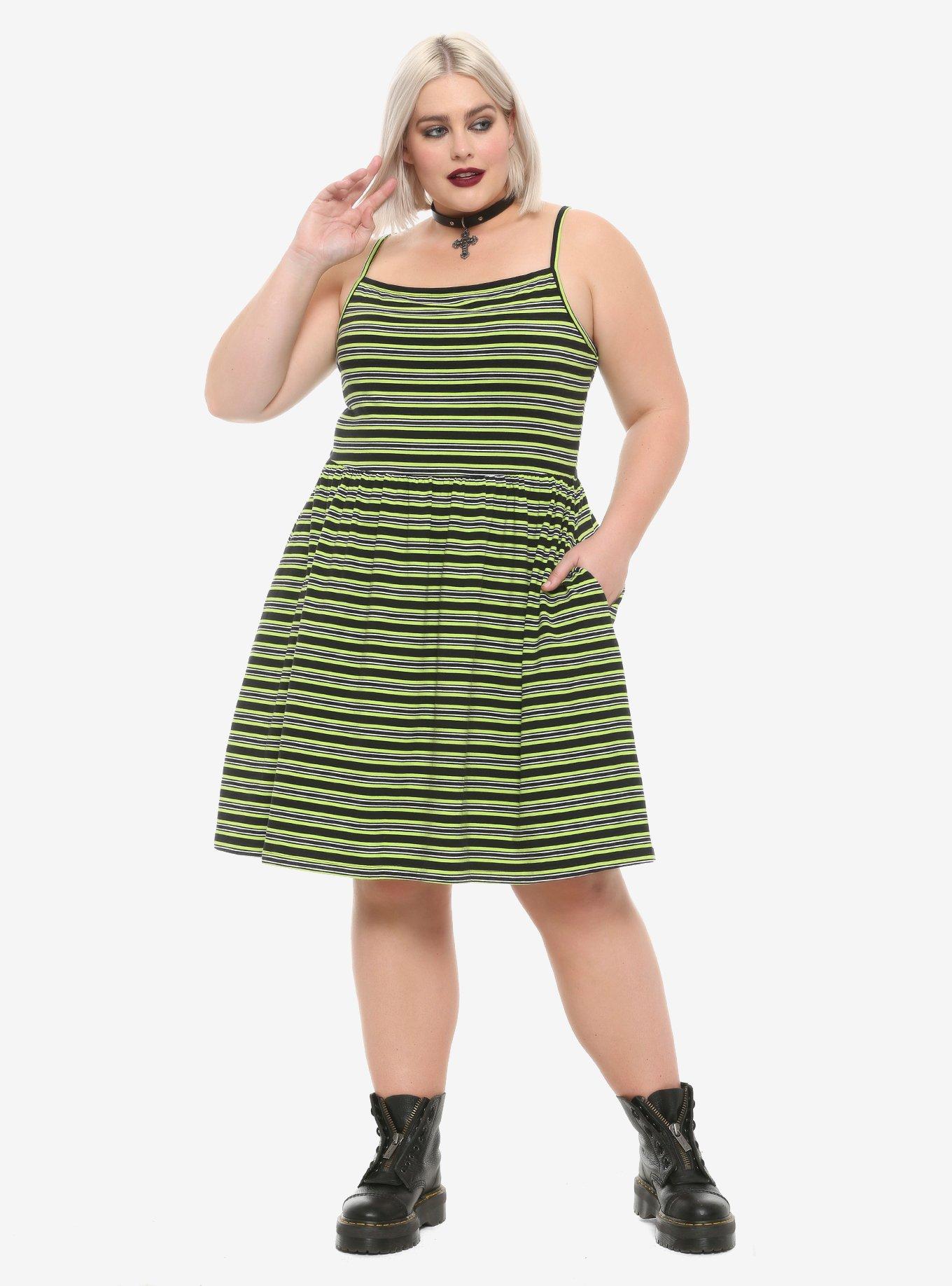 Green & Black Striped Skater Dress Plus Size, STRIPES, alternate