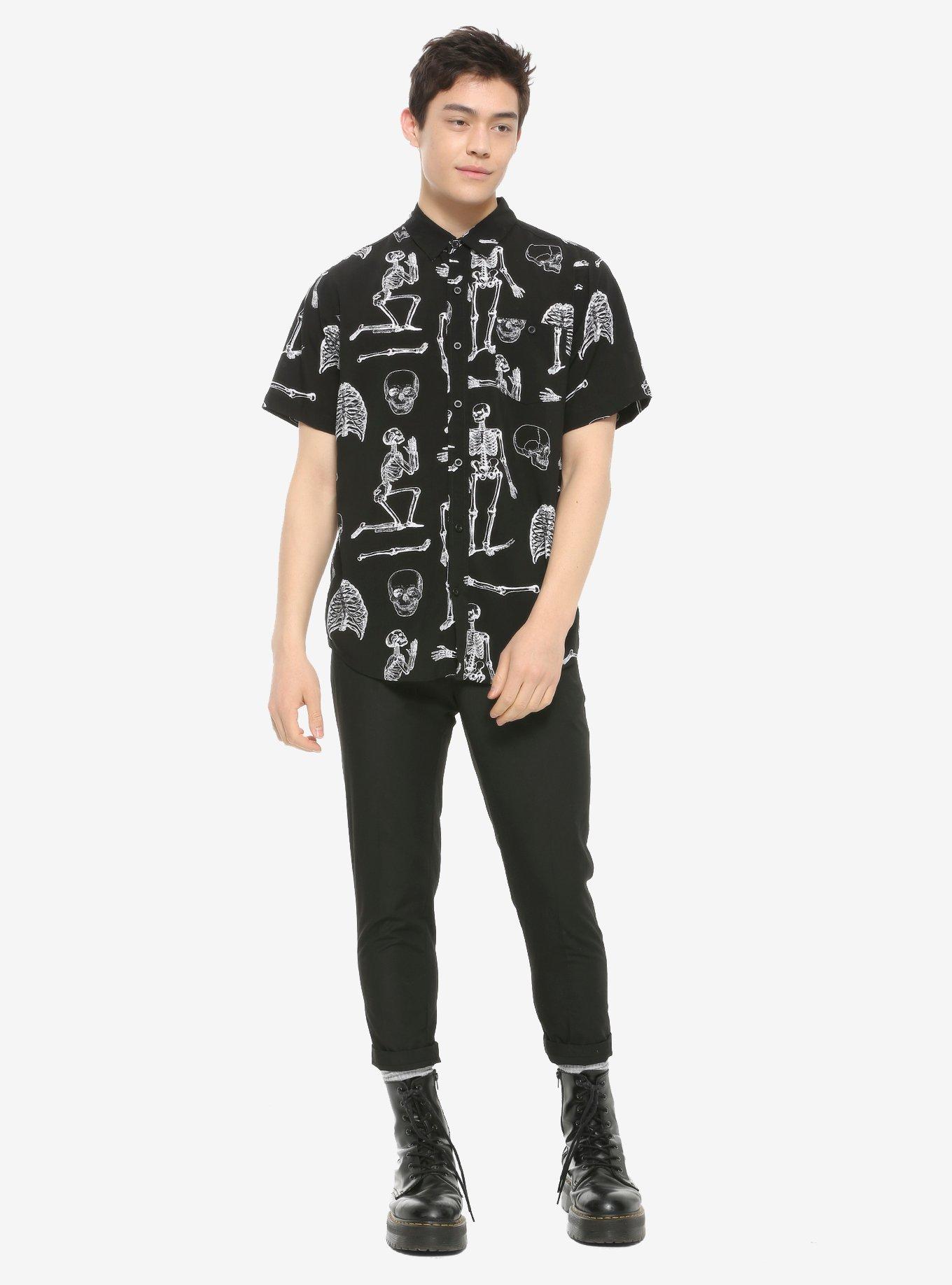 Black & White Skeleton Woven Button-Up, BLACK, alternate