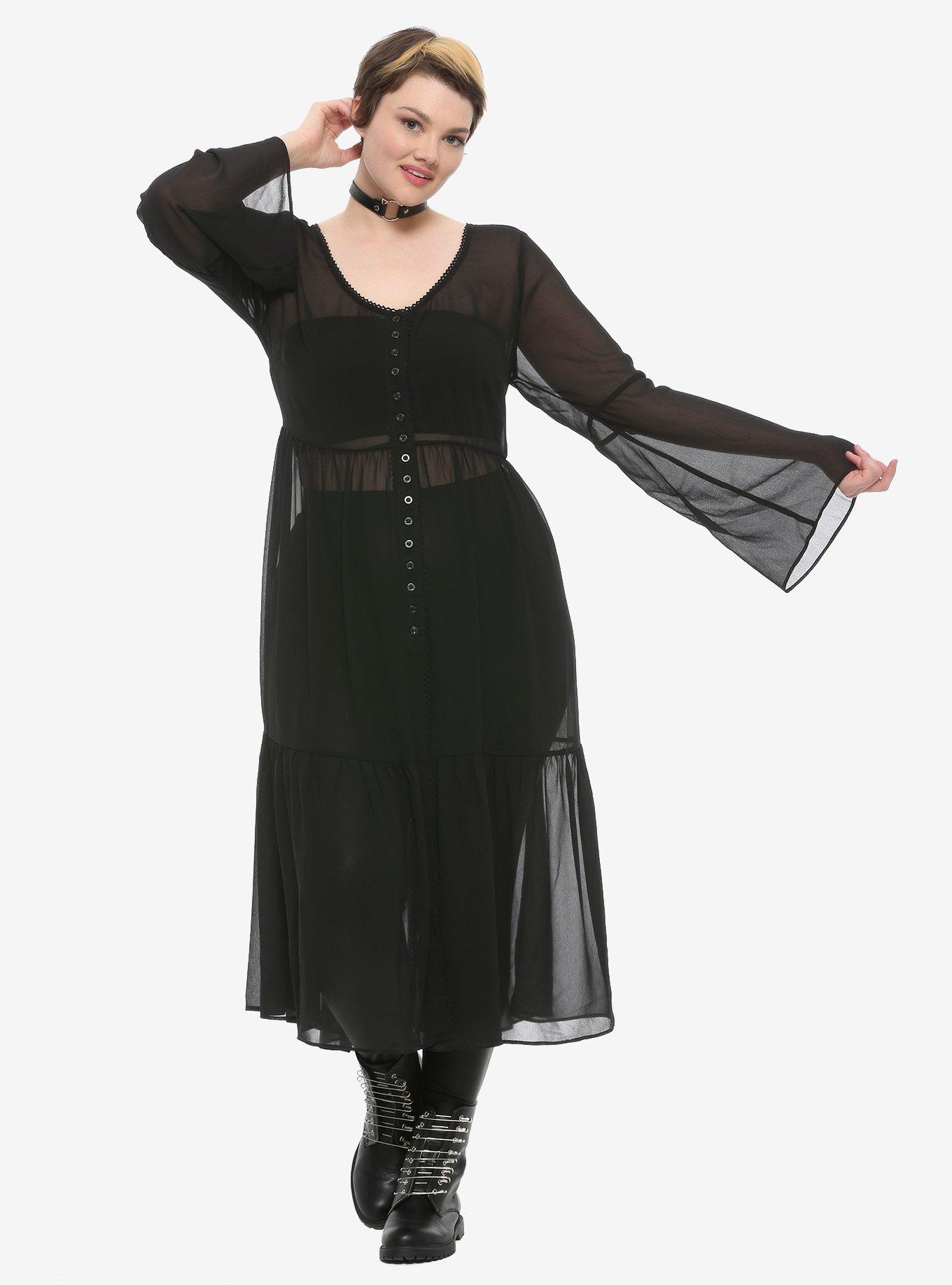 Black Chiffon Button-Up Bell Sleeve Duster Plus Size, BLACK, alternate