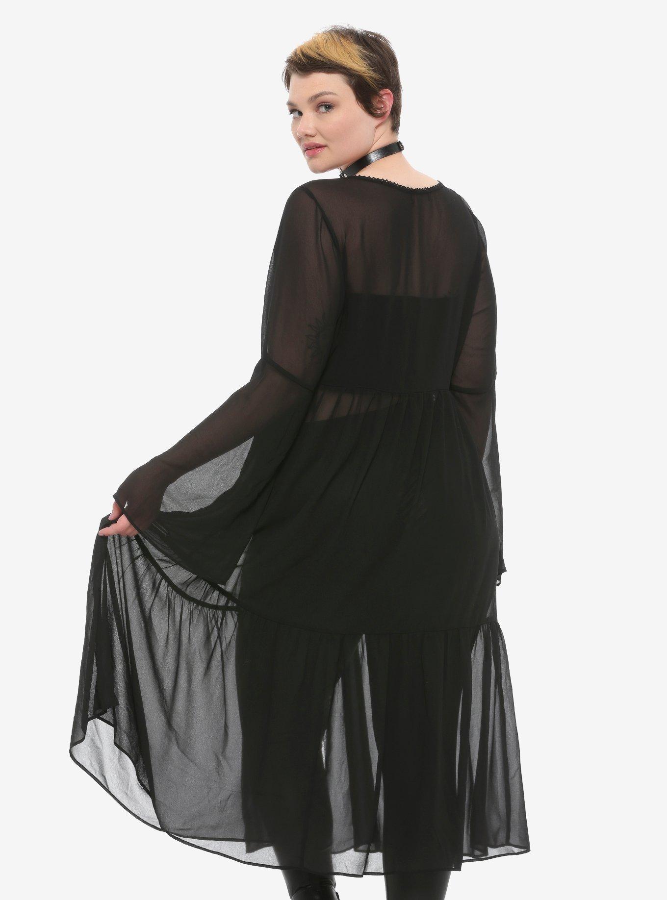 Black Chiffon Button-Up Bell Sleeve Duster Plus Size, BLACK, alternate