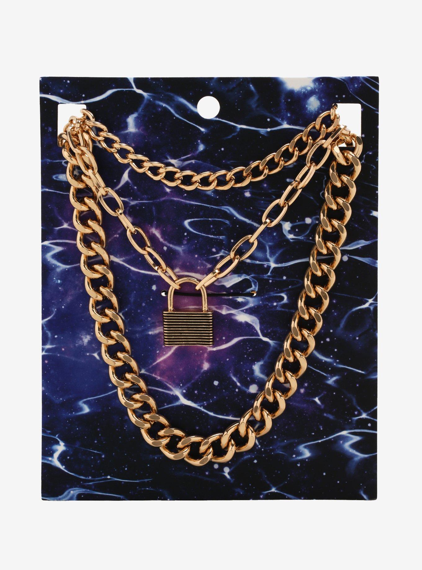 Gold Padlock Chain Necklace Set, , alternate