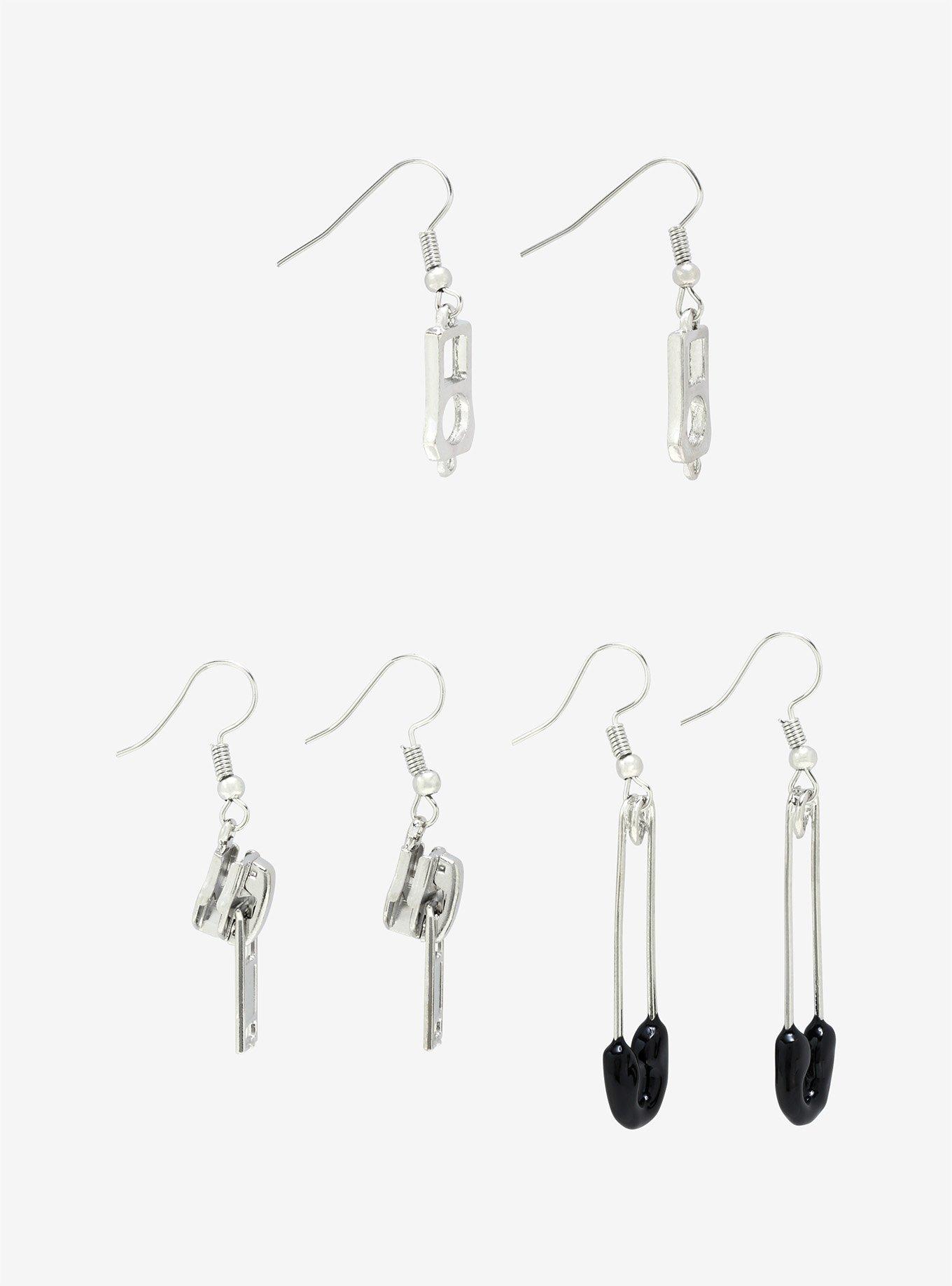 Safety Pin Zipper Drop Earring Set, , alternate