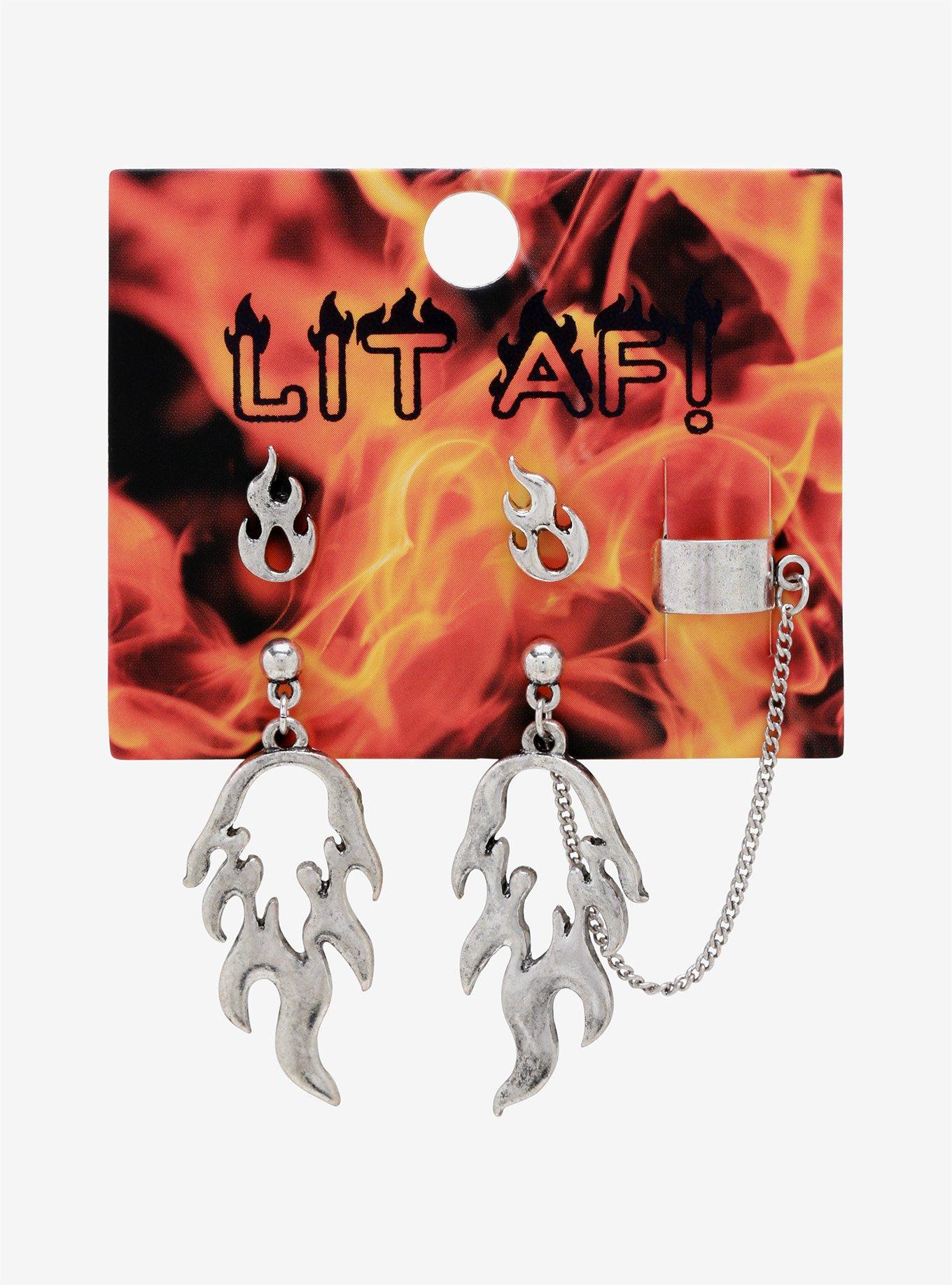Silver Flame Cuff Earring Set, , alternate