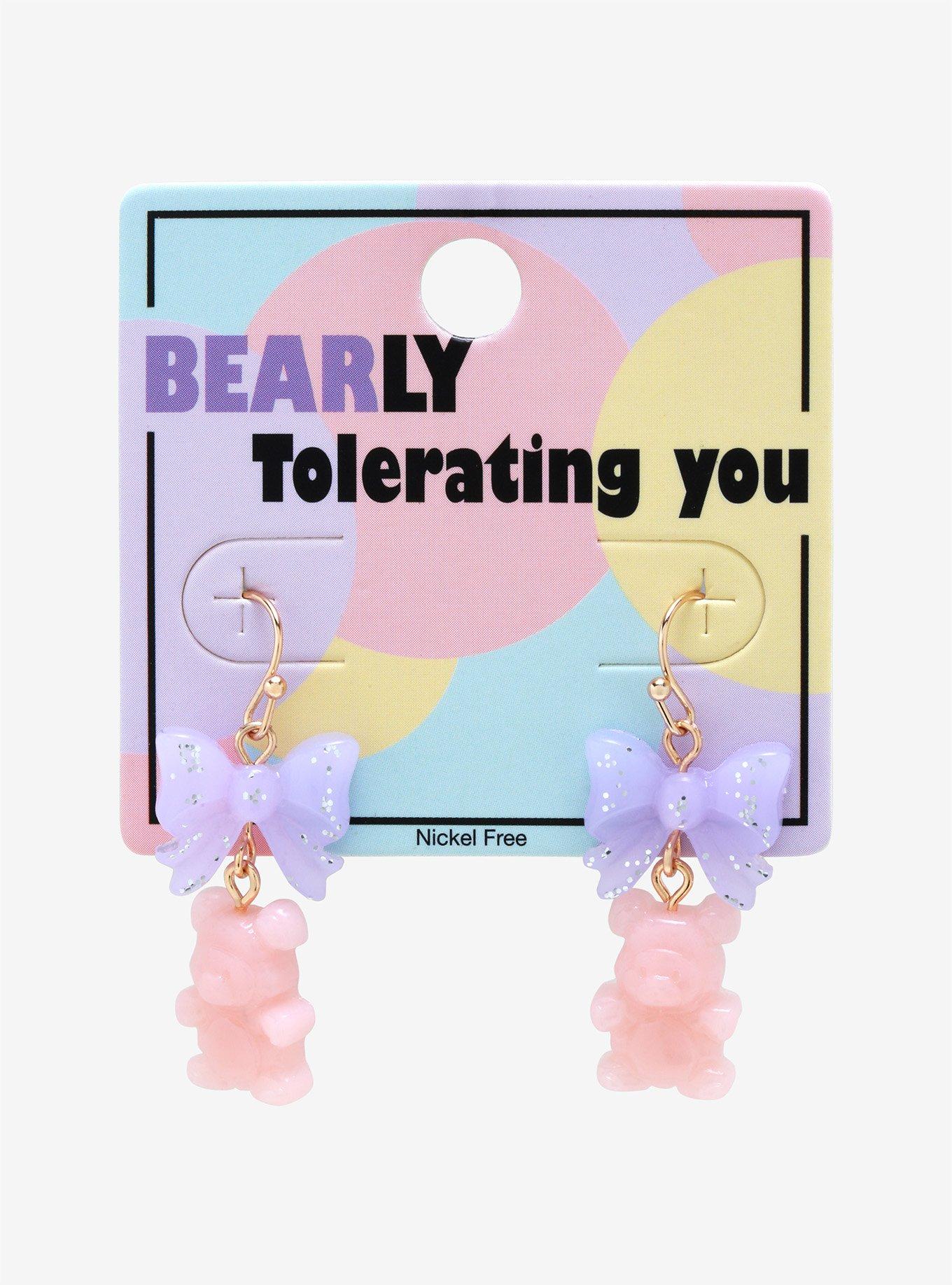 Pink Candy Bear & Purple Bow Drop Earrings, , alternate