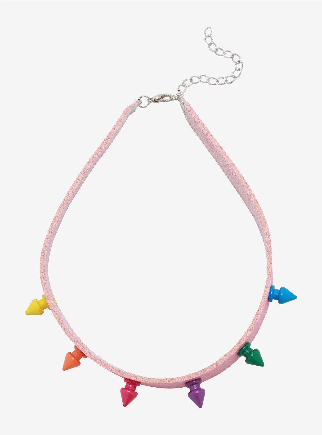 Rainbow Spike Pink Faux Leather Choker, , alternate