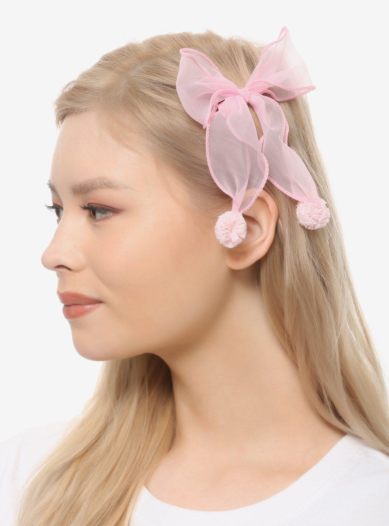 Sheer Pink Bow & Pom-Pom Hair Clip Set, , alternate