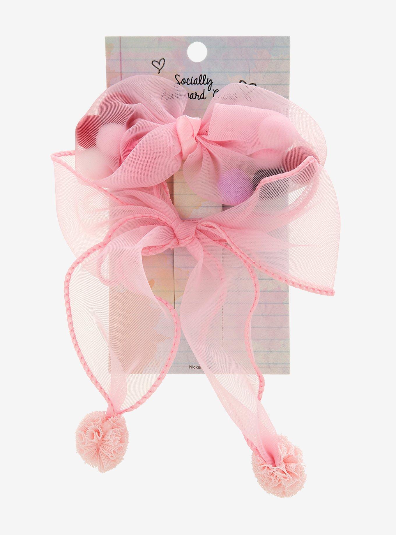 Sheer Pink Bow & Pom-Pom Hair Clip Set, , alternate