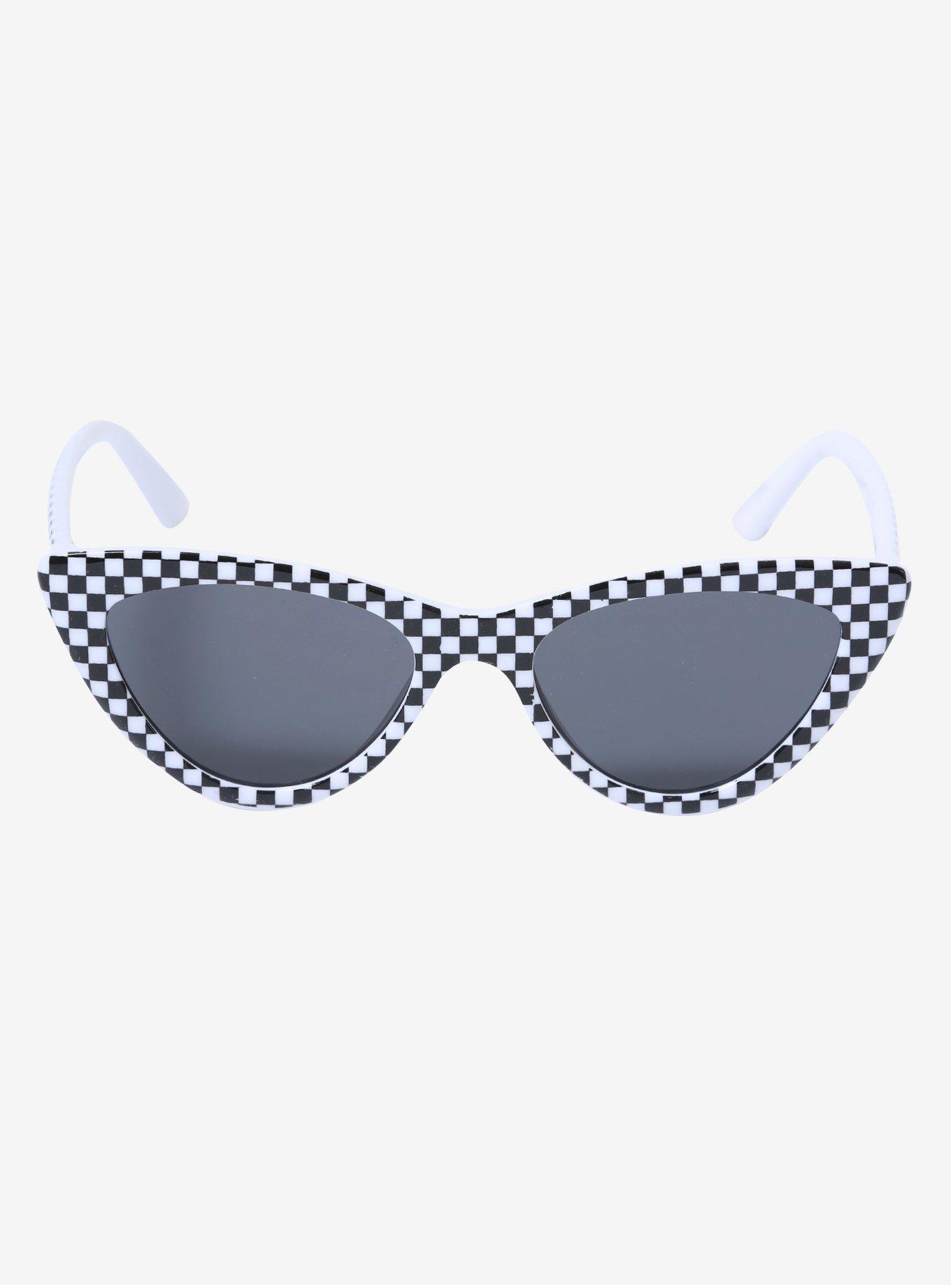 Black & White Checkered Cat Eye Sunglasses, , alternate