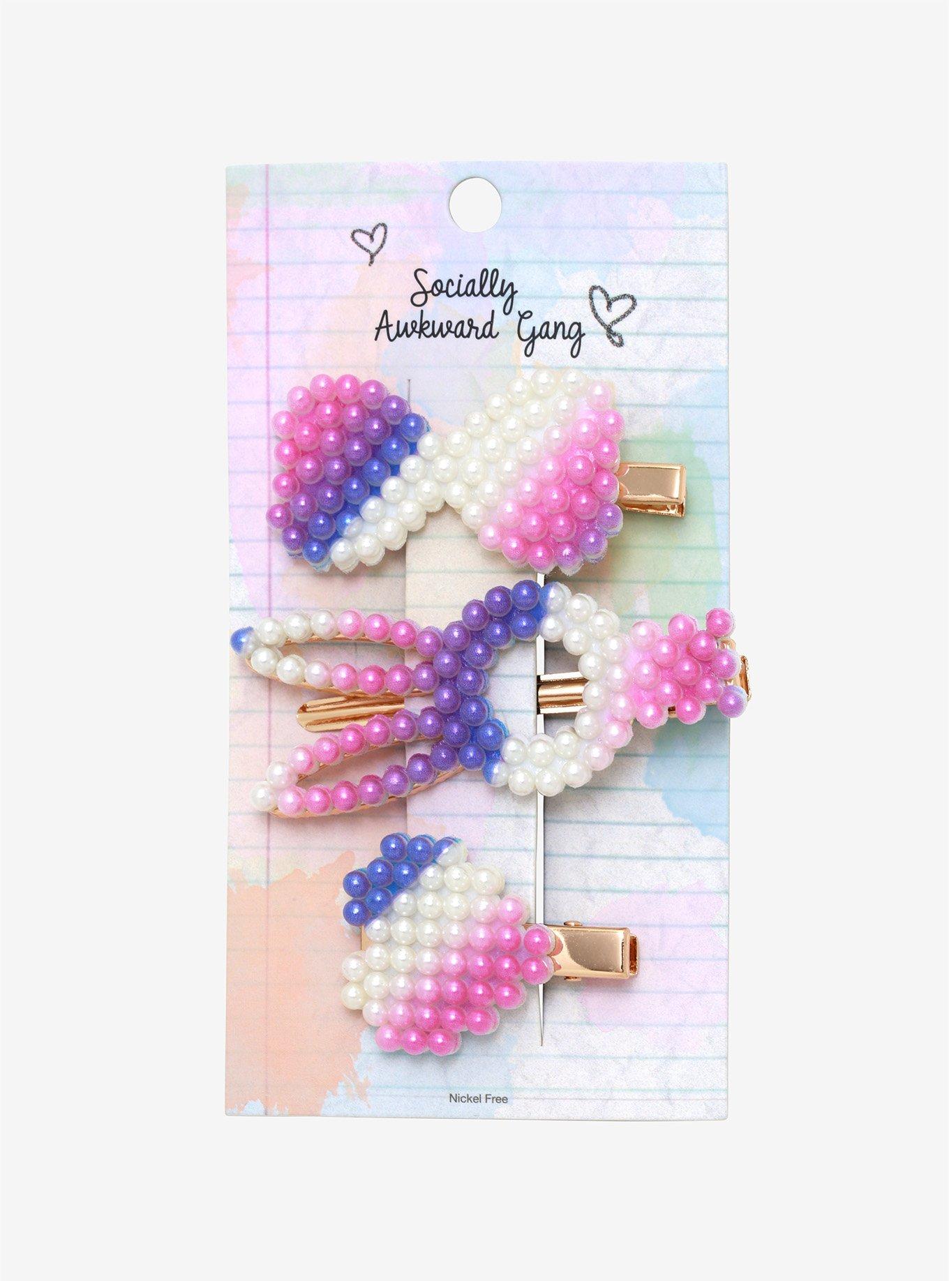 Pink Purple Pearl Bow Hair Clip Set, , alternate