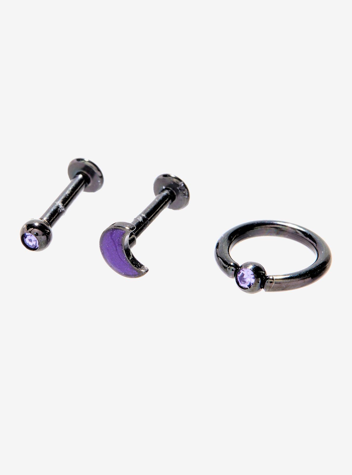 Steel Purple Moon Labret Stud & Hoop 3 Pack, MULTI, alternate